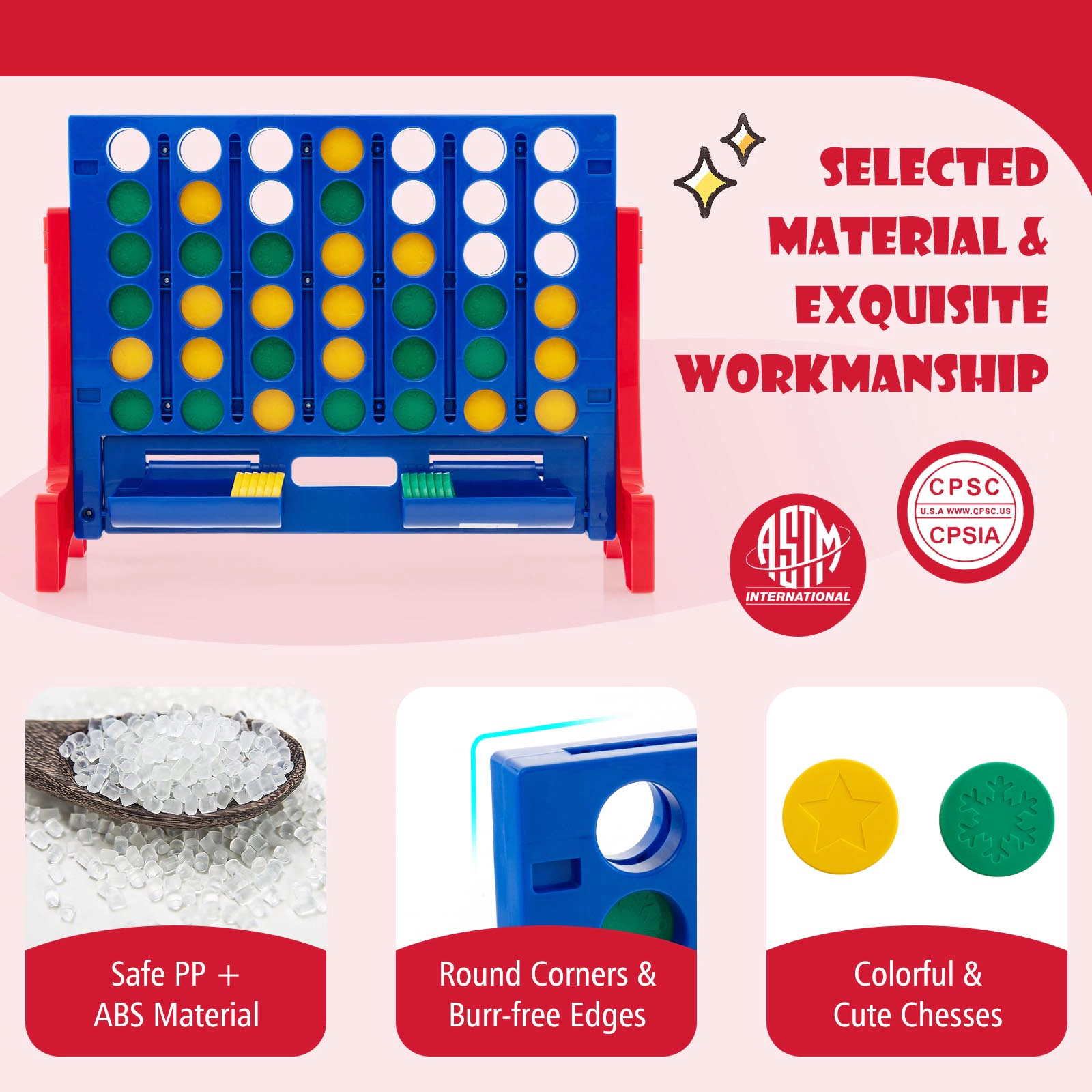SUGIFT Red Jumbo 4-to-Score Connect Game Set with Carrying Bag and 42 Coins 24.5-in W 8-in D 19-in H