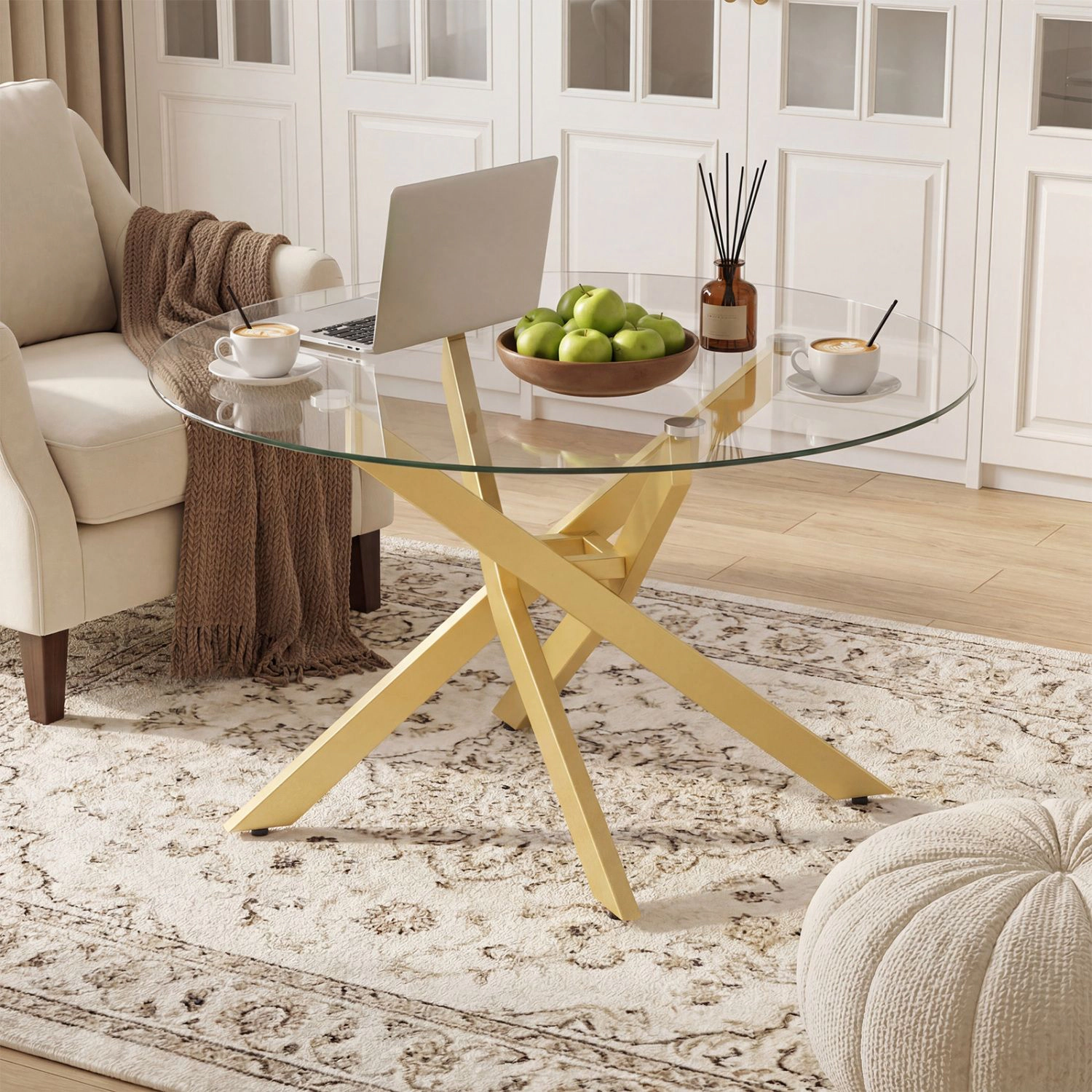 SlickBlue Round Glass Coffee Table with Geometric Metal Frame
