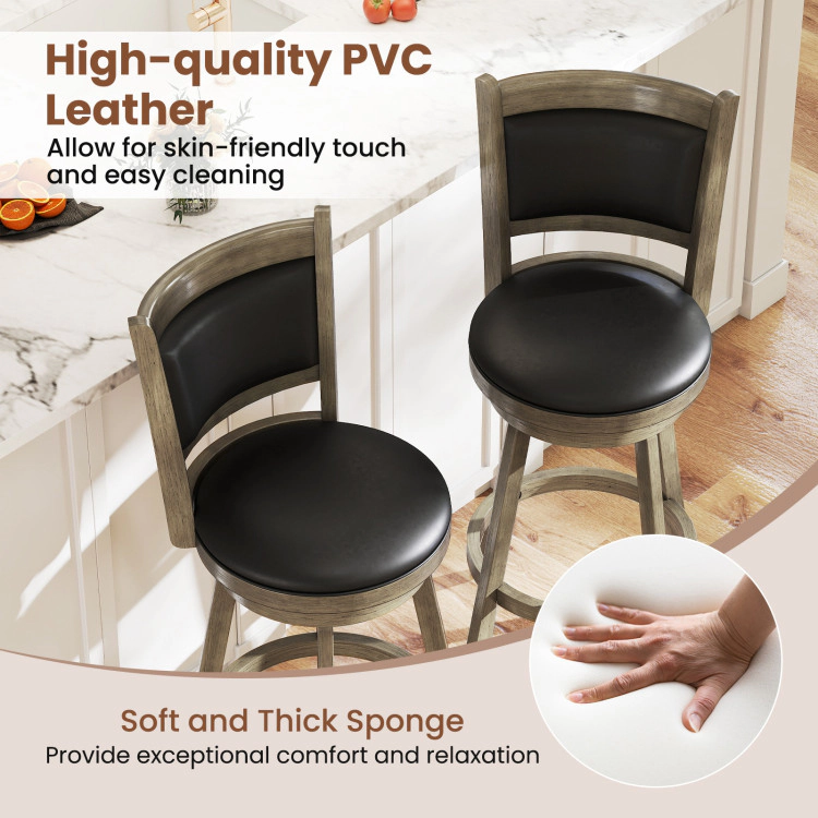 Hivvago 2 Pieces 29 Inch Wooden Swivel Height Bar Stool With Pvc Cushioned Seat