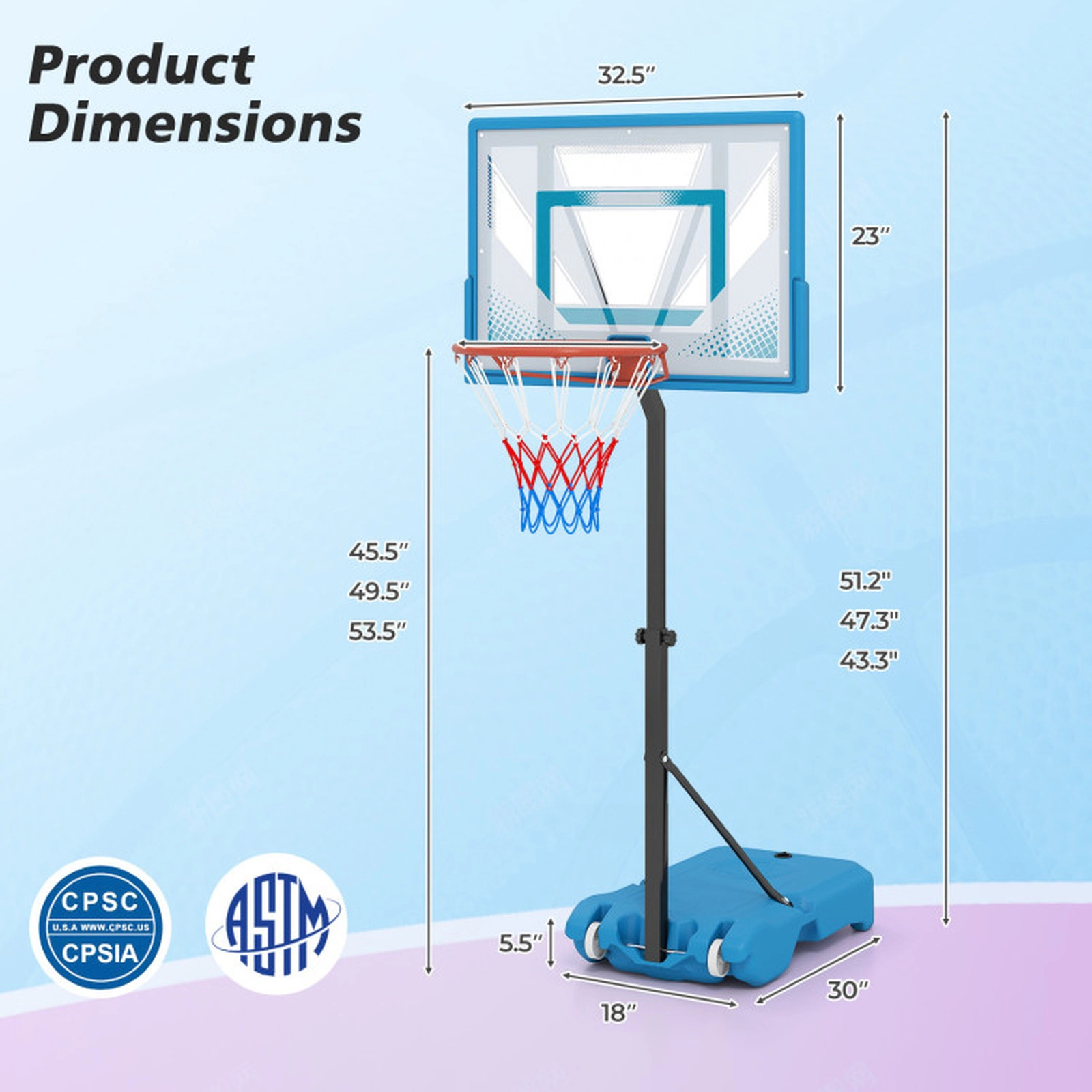 SUGIFT 3-Level Pool Basketball Hoop with Oversized 32.5-in Backboard and Weighted Base Blue + Black + White + Red
