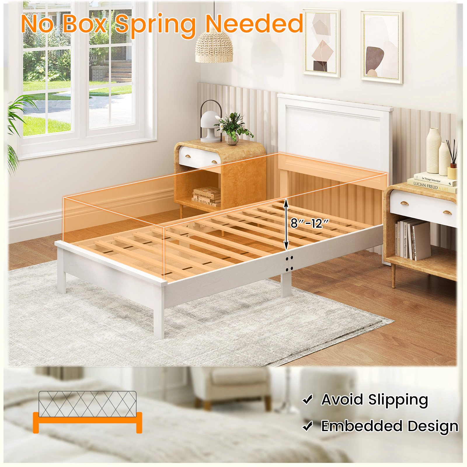 SUGIFT White Panel Headboard and 12 Slat Support Twin Size Wooden Bed Frame
