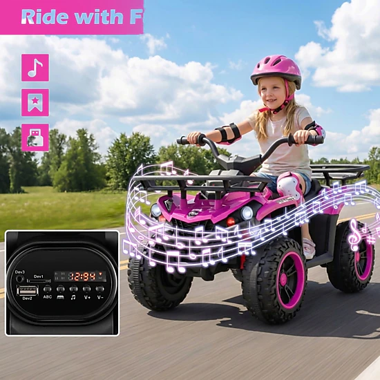 SUGIFT 24V Electric Ride On Quad ATV LED Headlights 66-lb Capacity Ages 3+ 4-Wheel Kids Vehicle Black+Pink with Storage