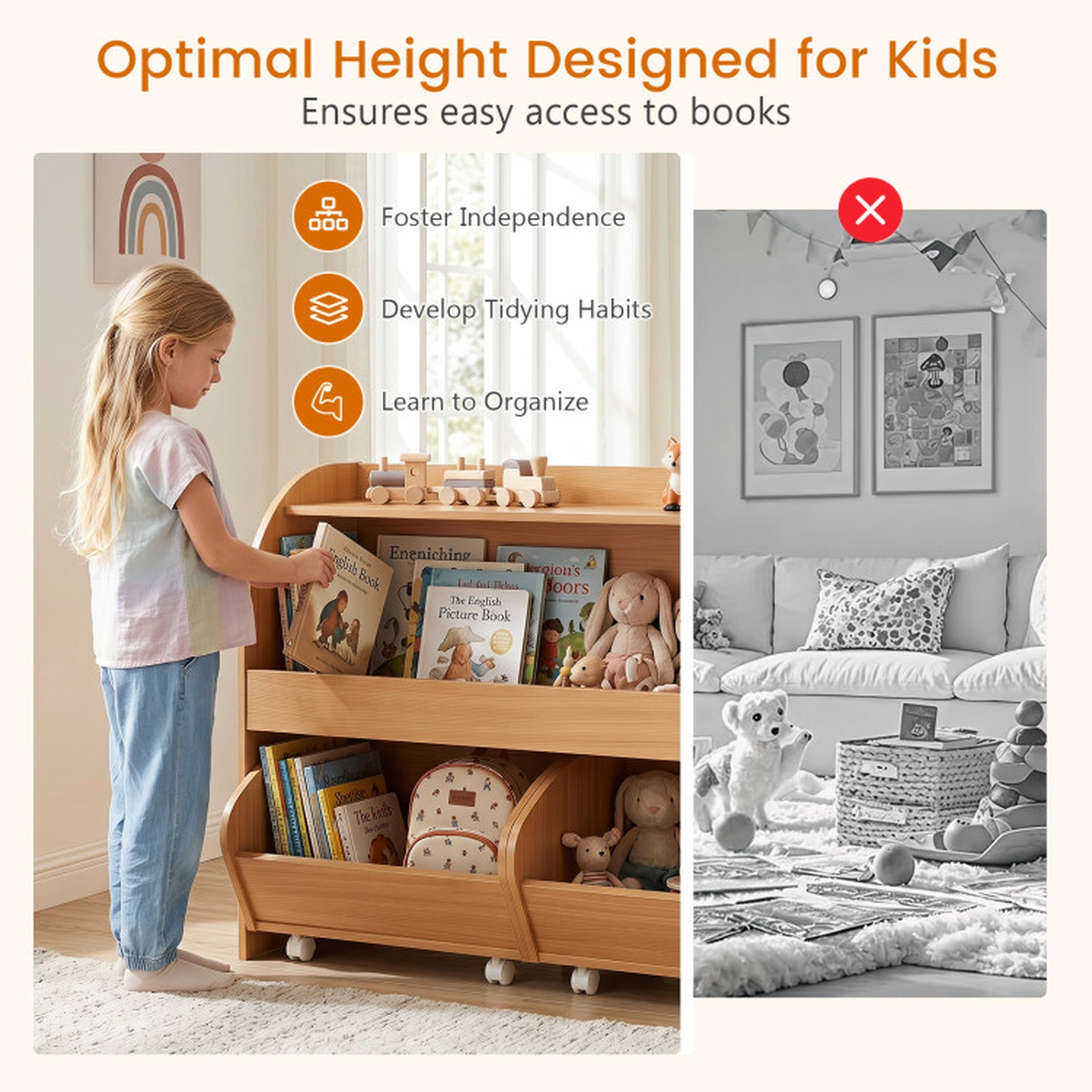 SUGIFT 24-in 33-lb Rated Kids Toy Storage Organizer and Bookshelf with 2 Rolling Drawers and Open Shelves