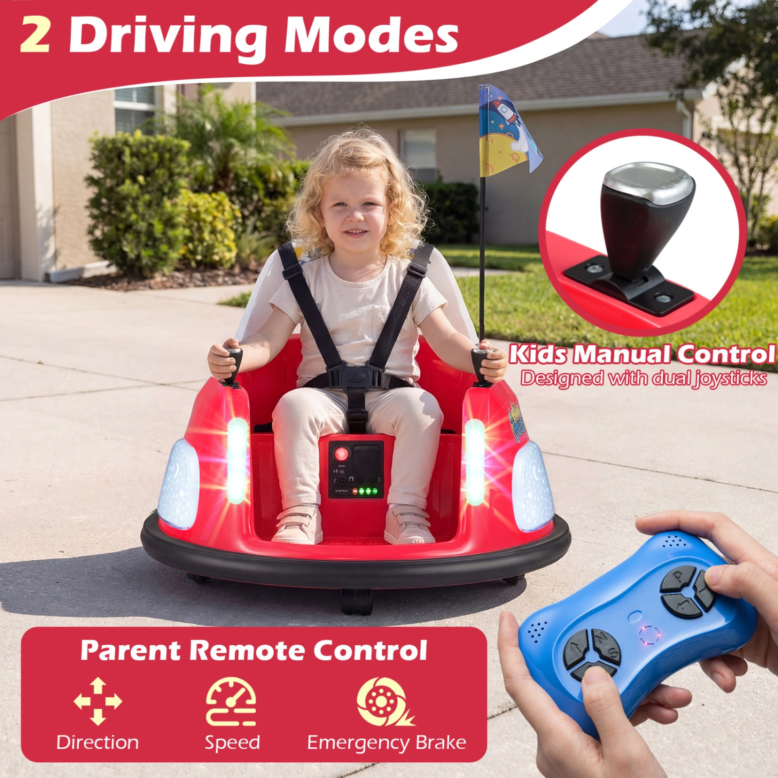 SUGIFT Red Remote Control 360 Degree Spin and Flashing Lights Kids 12V Ride On Bumper Car