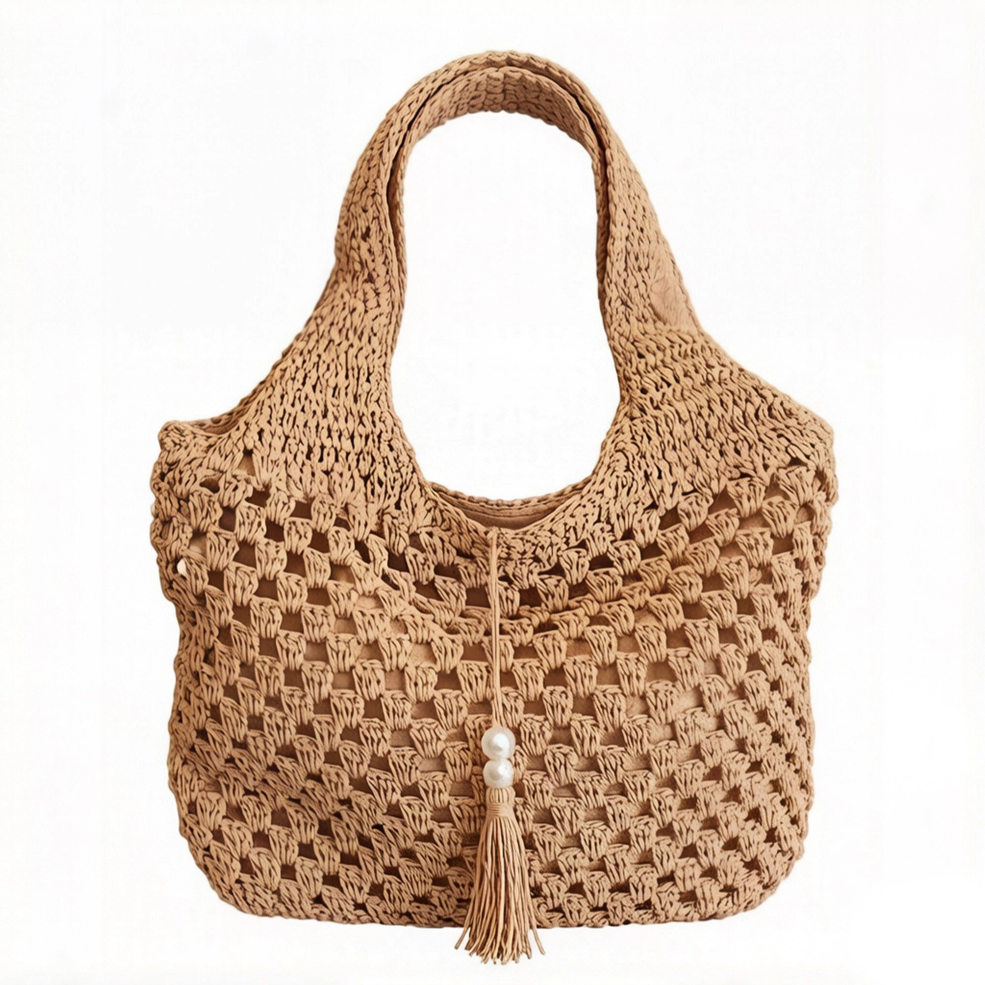 Alilang Women's Crochet Shoulder Bag with Tassel Detail Soft Knit Handbag Lightweight Casual Everyday Tote
