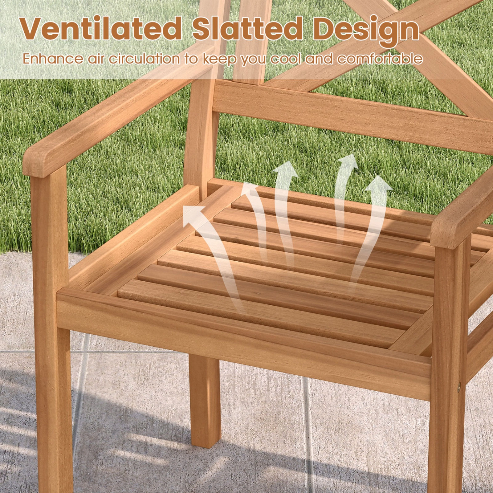 SUGIFT Acacia Wood Patio Dining Armchairs 400-lb Capacity Set of 2 Teak Finish 22-in Frame 20 x 18 in Ventilated Seat