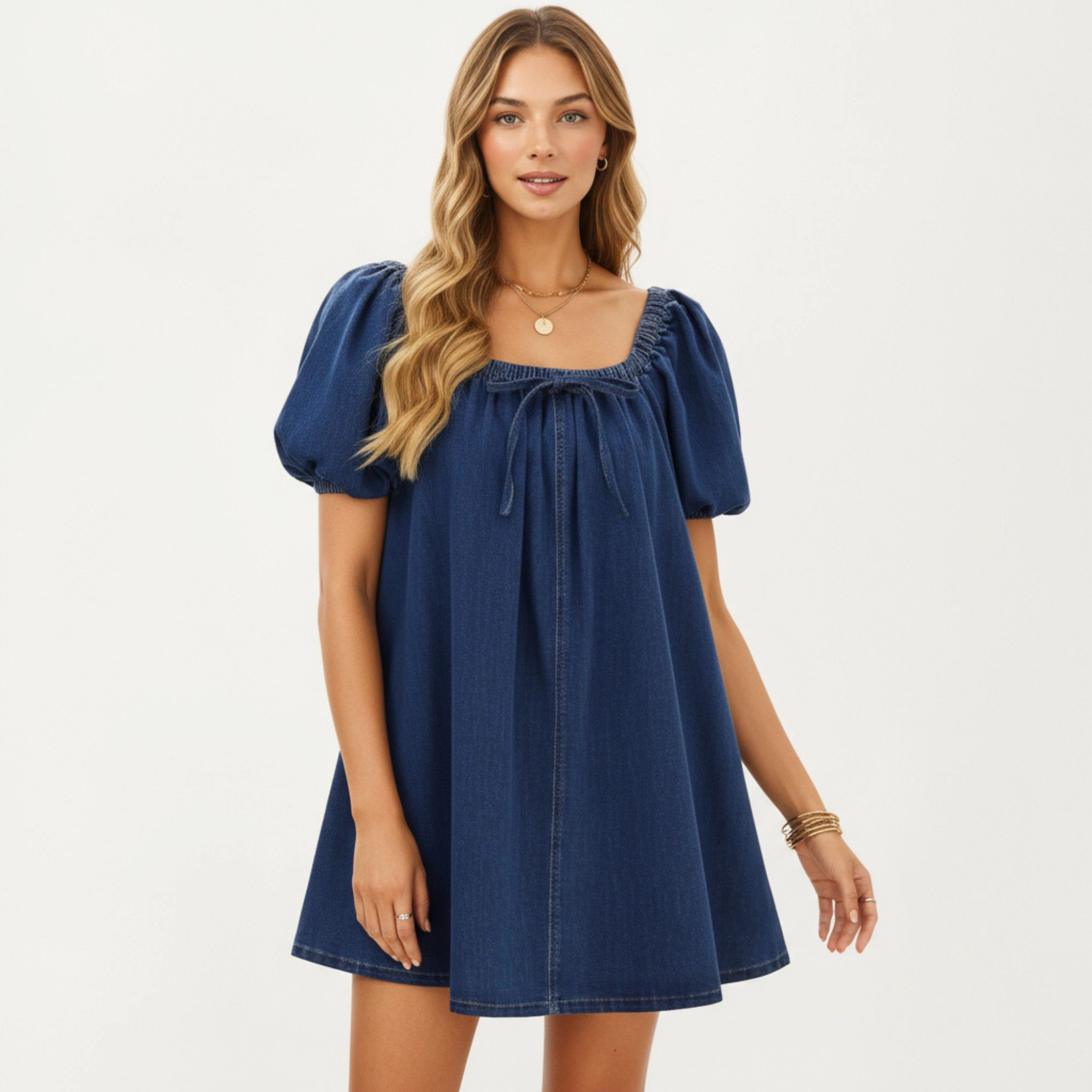 Anna-Kaci Women's Puff Sleeve Denim A-Line Babydoll Dress