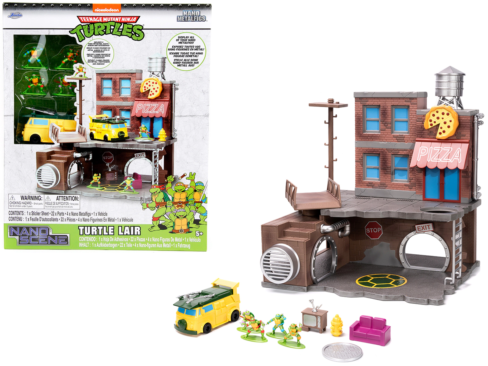 Jada "Teenage Mutant Ninja Turtles" Turtle Lair Diorama Set with Figures and Party Wagon "Nano Scene" Series