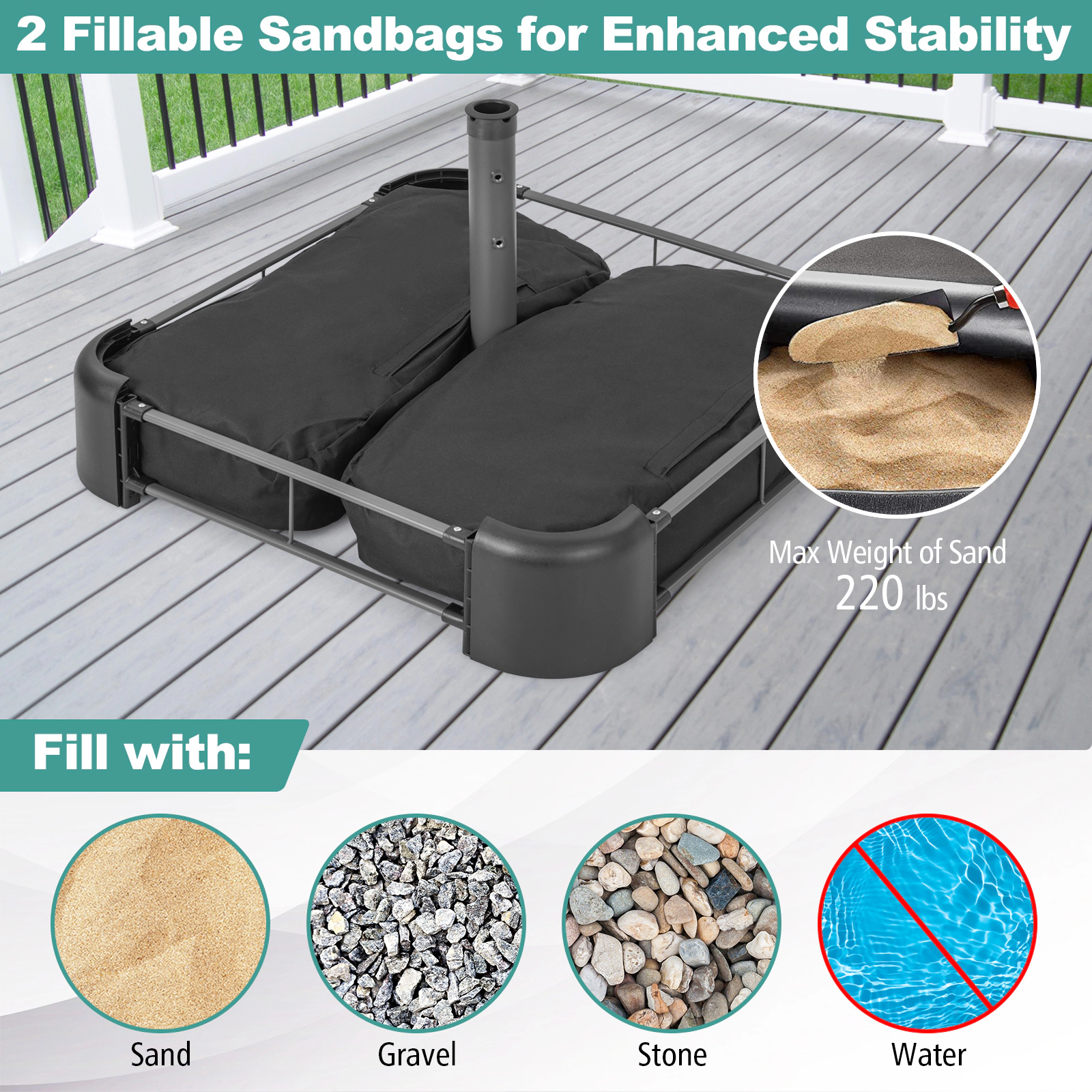SUGIFT Black 2 Sandbags and Dust-Proof Cover 29-in Square Fillable Umbrella Base
