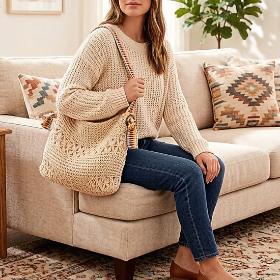 Alilang Women's Crochet Shoulder Bag with Woven Strap Textured Knit Hobo Handbag Slouchy Boho Tote Everyday Carryall