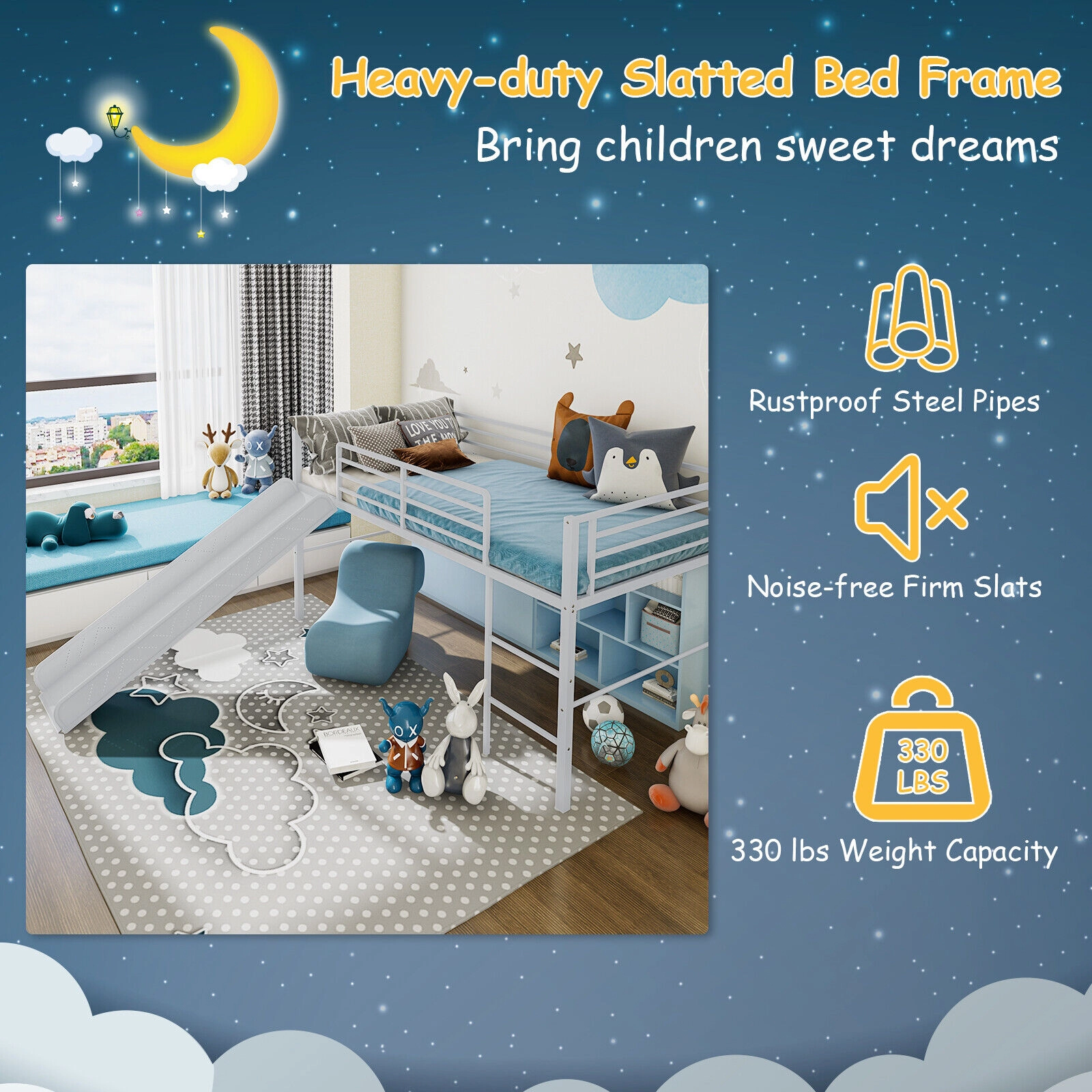 SUGIFT Silver 61-in Slide Safety Guardrails and Built-in Ladder Twin Kids Metal Loft Bed