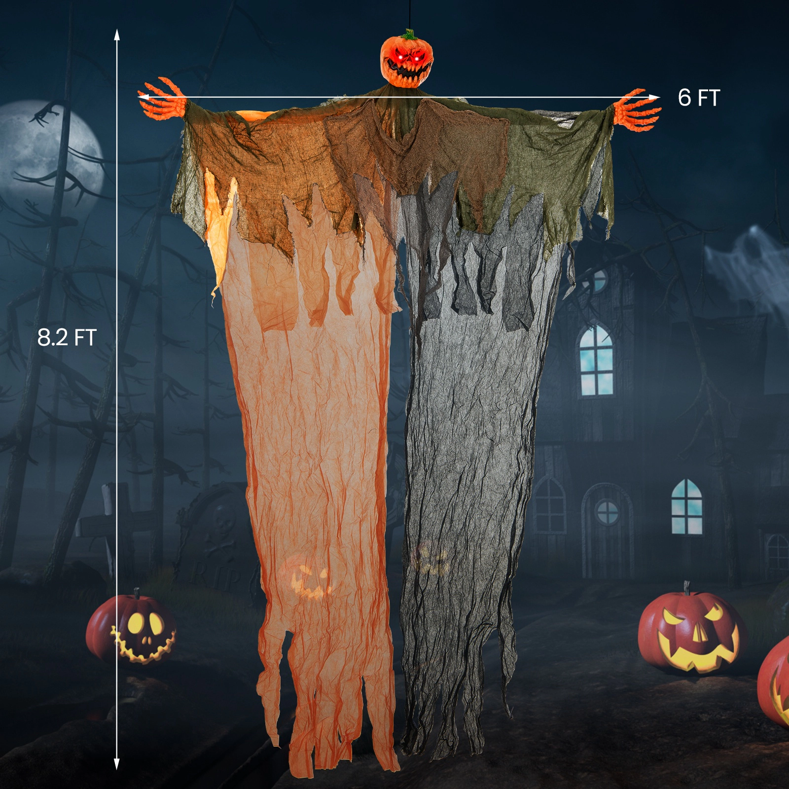 SUGIFT Black and Orange 6-ft Hanging Halloween Pumpkin Ghost Decoration with Red LED Eyes and Poseable Arms