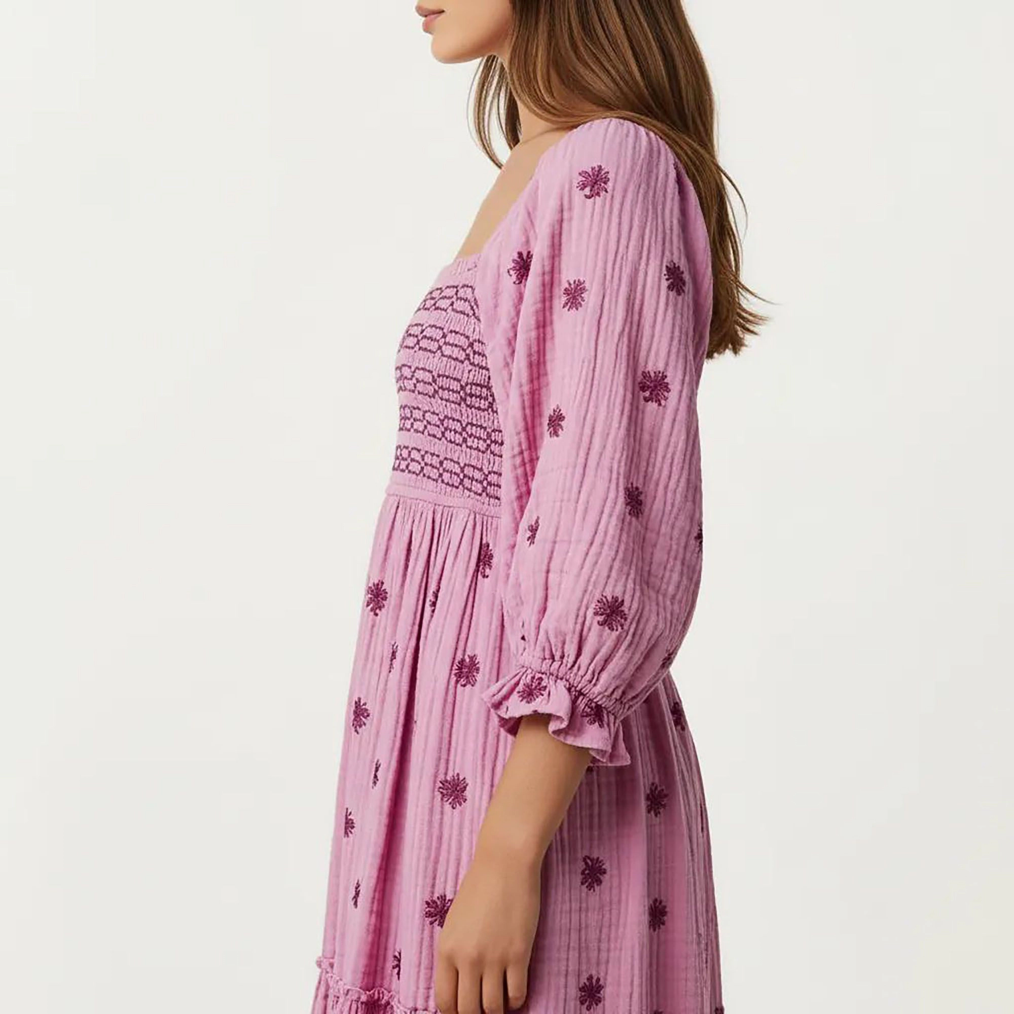 Anna-Kaci Womens Smocked Square Neck Embroidered Maxi Dress with Puff Sleeves