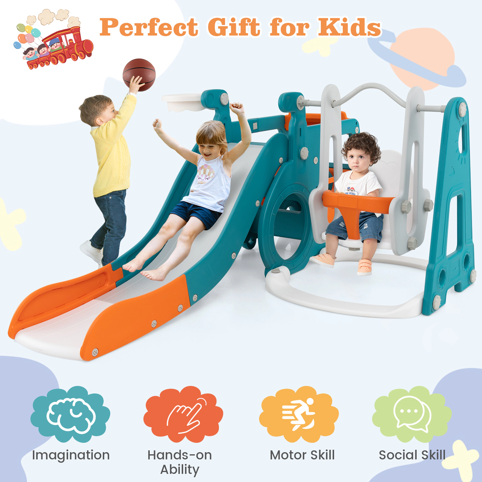 SUGIFT Multicolor Mini Bus Room and Basketball Hoop 5-in-1 Kids Slide and Swing Set