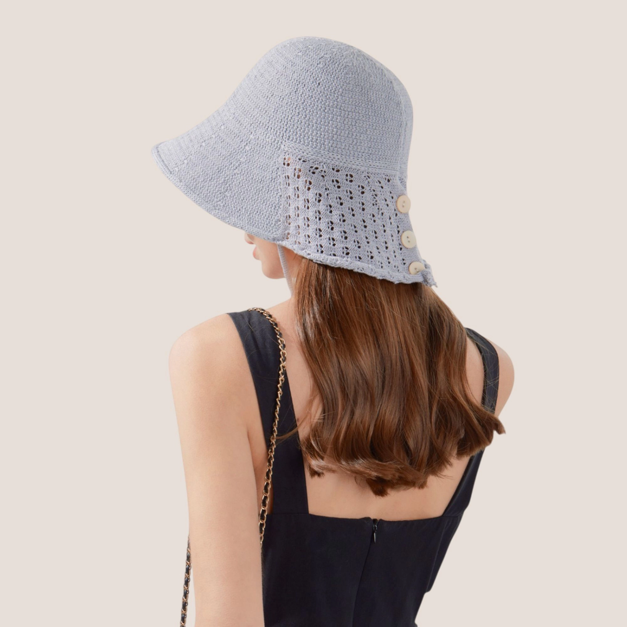 Anna-Kaci Women's Crochet Bucket Hat with Adjustable Chin Strap and Back Button Eyelet Panel for Sun Protection