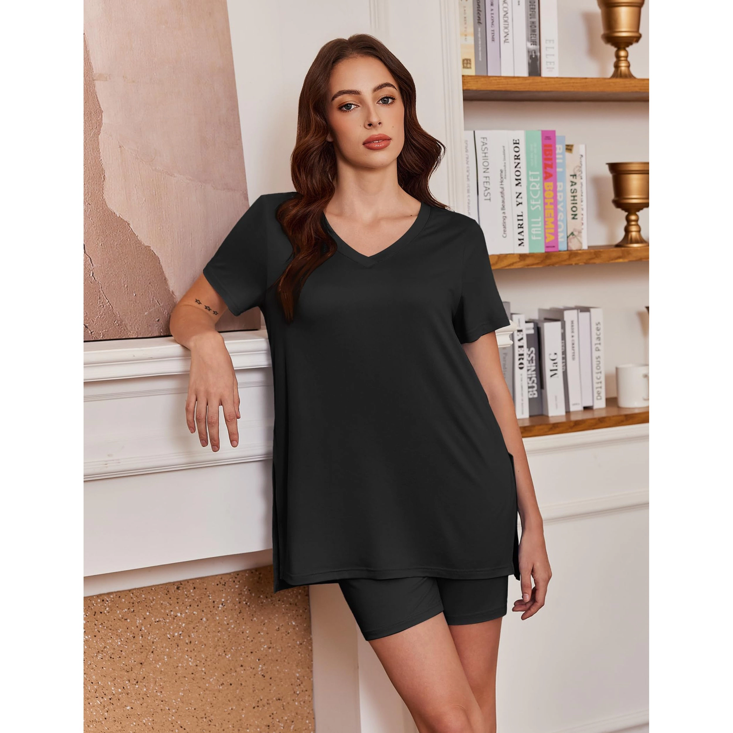 Ekouaer Women's V Neck Short Sleeve Tunic Top with Shorts Set