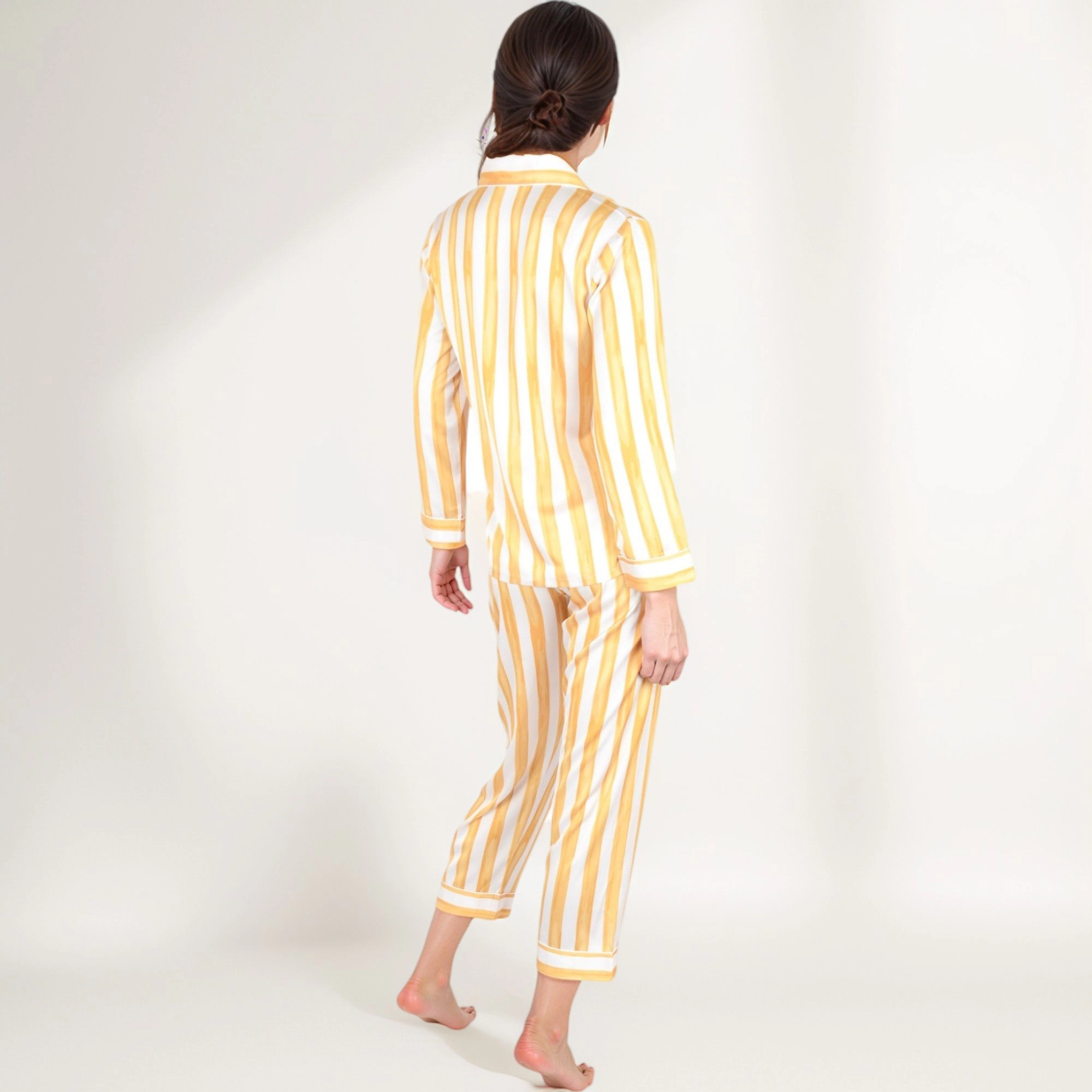 Anna-Kaci Women's Striped Satin Pajama Set with Long Sleeve Button Top and Cropped Pants