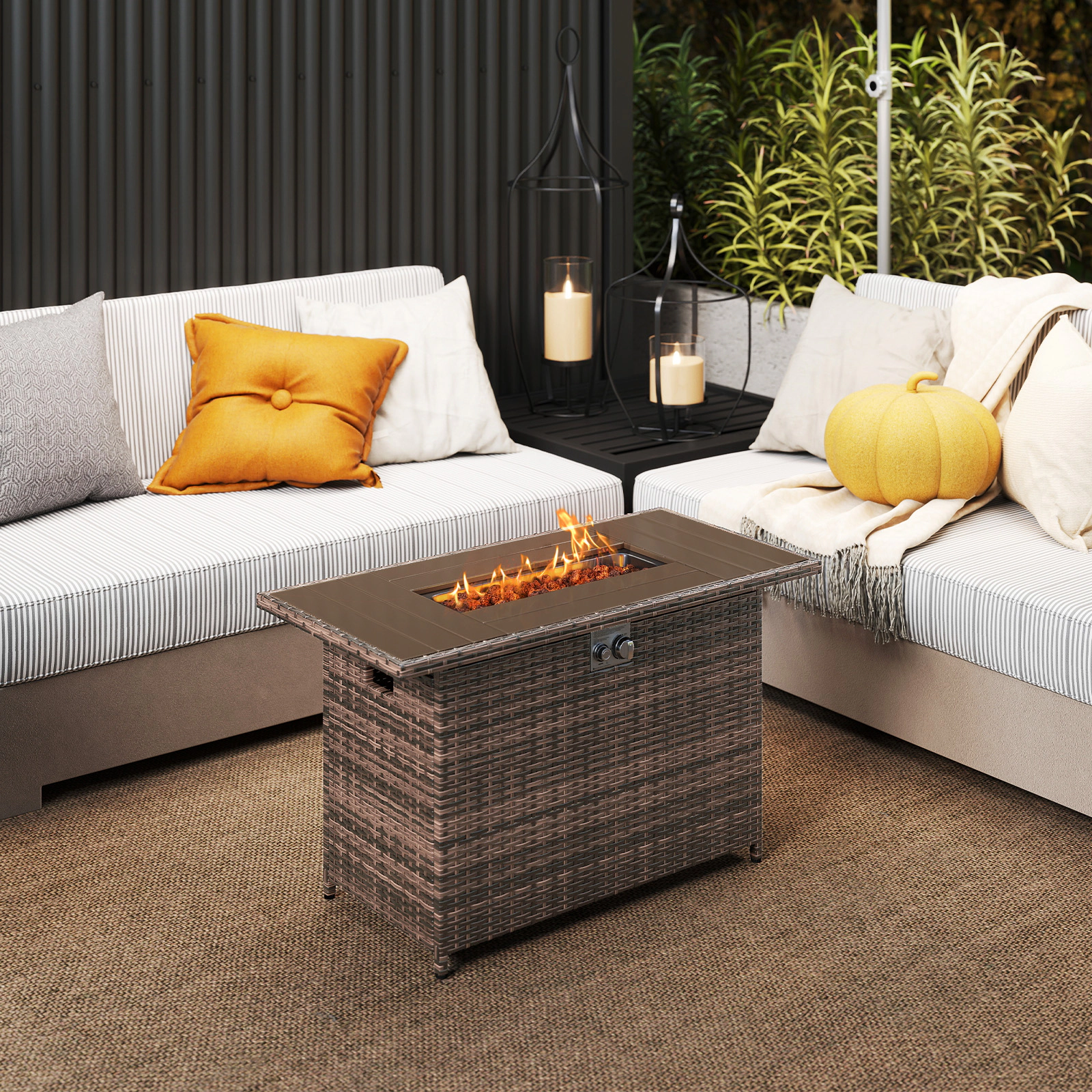 SUGIFT 44.5 Inch Propane Fire Pit Table Brown Rattan 2-in-1 with Stainless Burner
