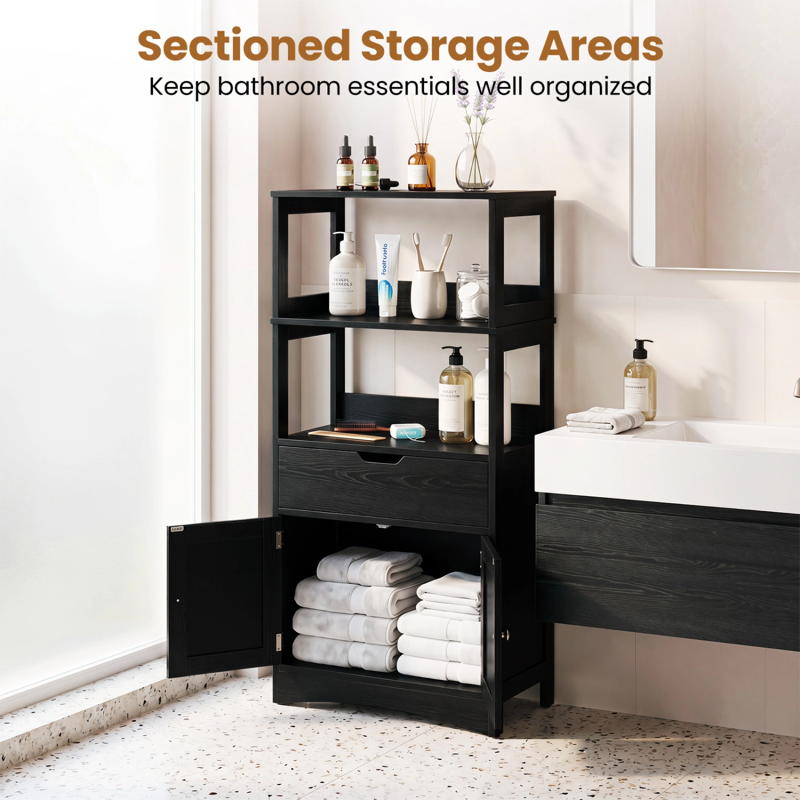 SUGIFT Black 110-lb Capacity 48-in Bathroom Storage Cabinet with 3 Open Shelves Pull-Out Drawer and 2 Doors