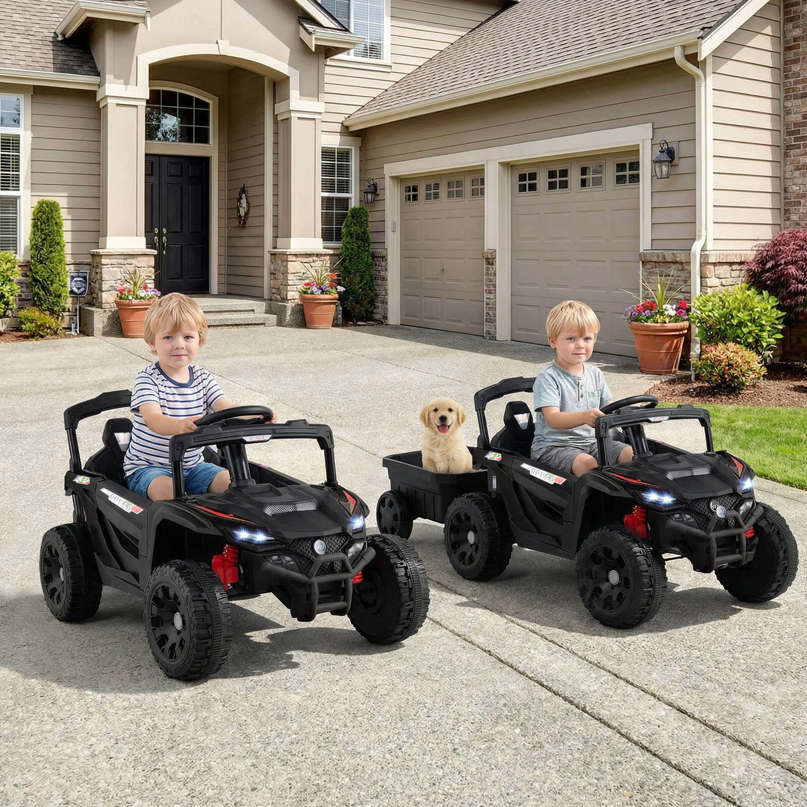 Costway 12V Kids Ride On UTV with Detachable Trailer, Remote Control, 3 Speeds, LED Lights Black