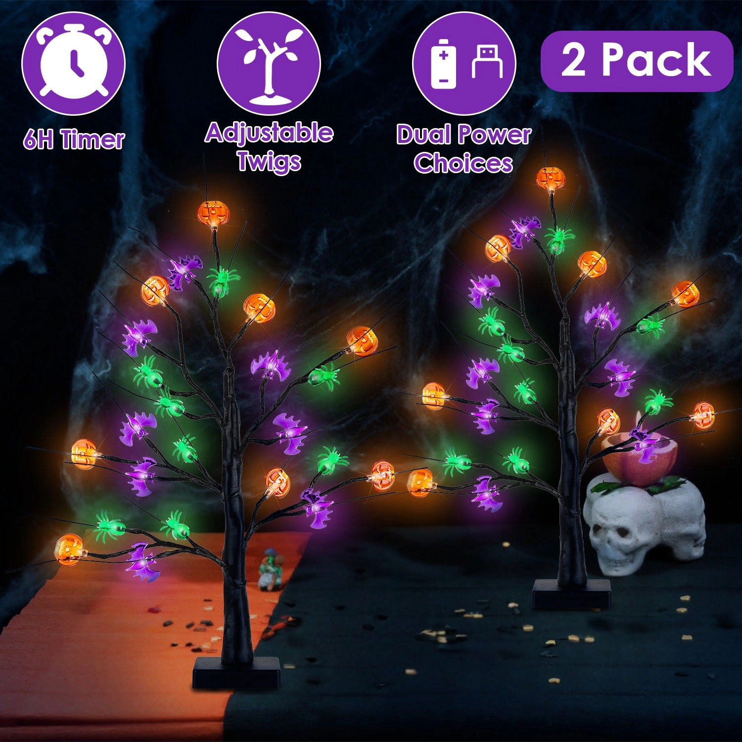 GBruno 2-Pack LED Halloween Tree Lights With Timer