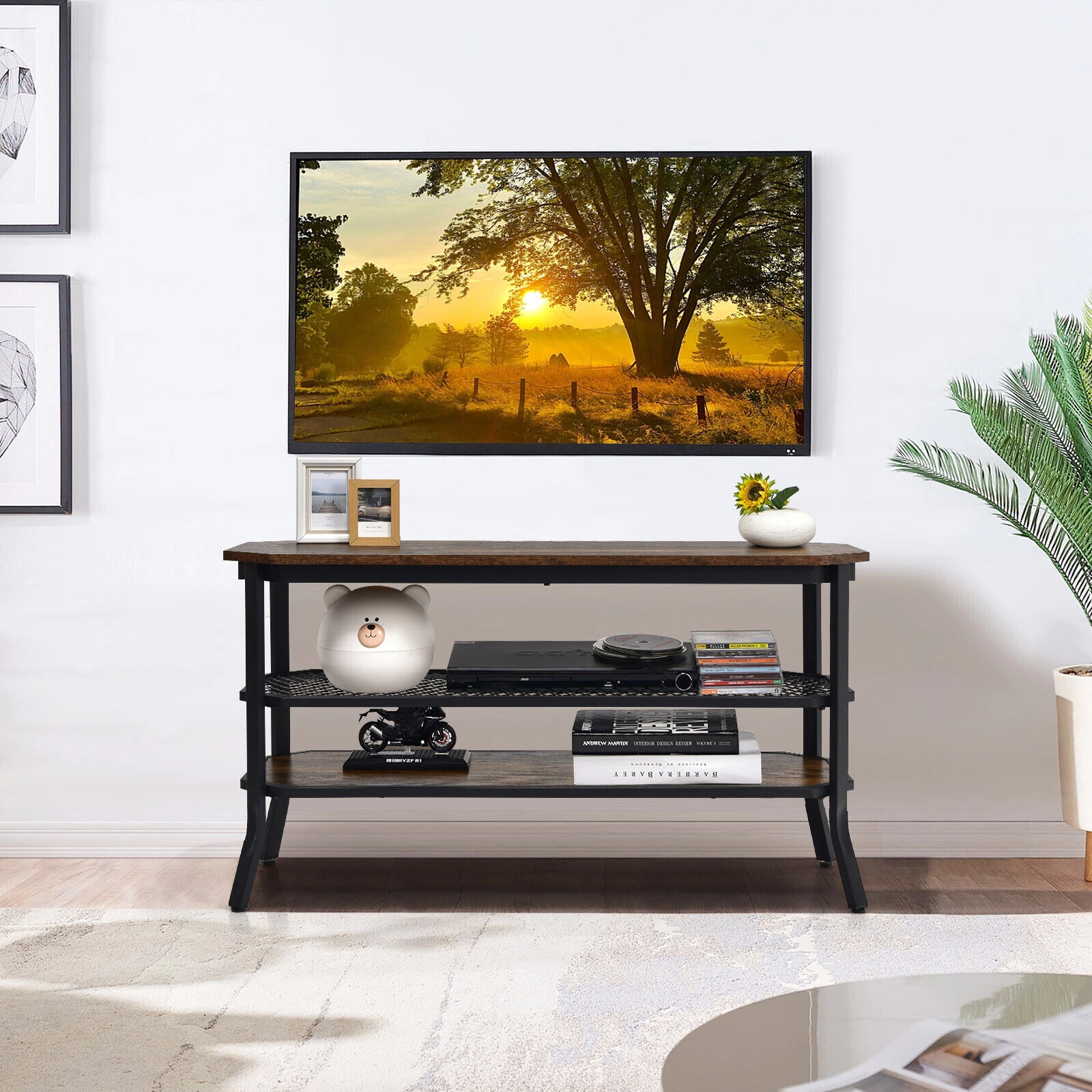 SUGIFT 39.5 in TV Stand Rustic Brown 3-Tier Console Table with Mesh Storage Shelves