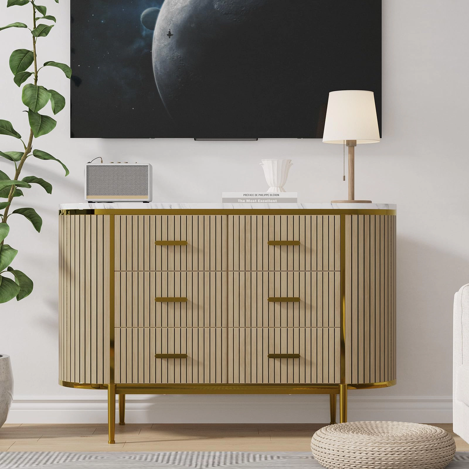 47.2" Fluted 6 Drawer Dresser, Mid Century Modern Wood Chest with Curved Design & Gold Handles