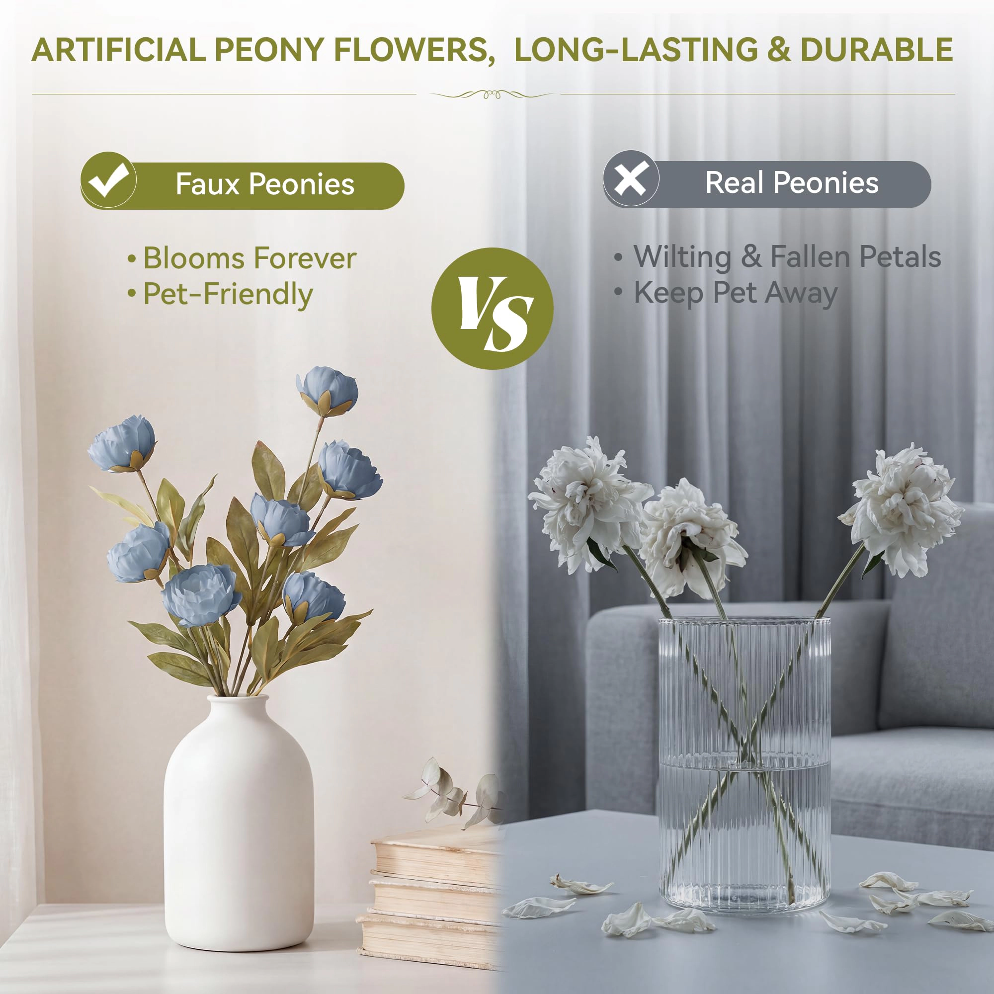 PUPWE 6 Faux Silk Peony Artificial Flowers For Vase Decor Blue