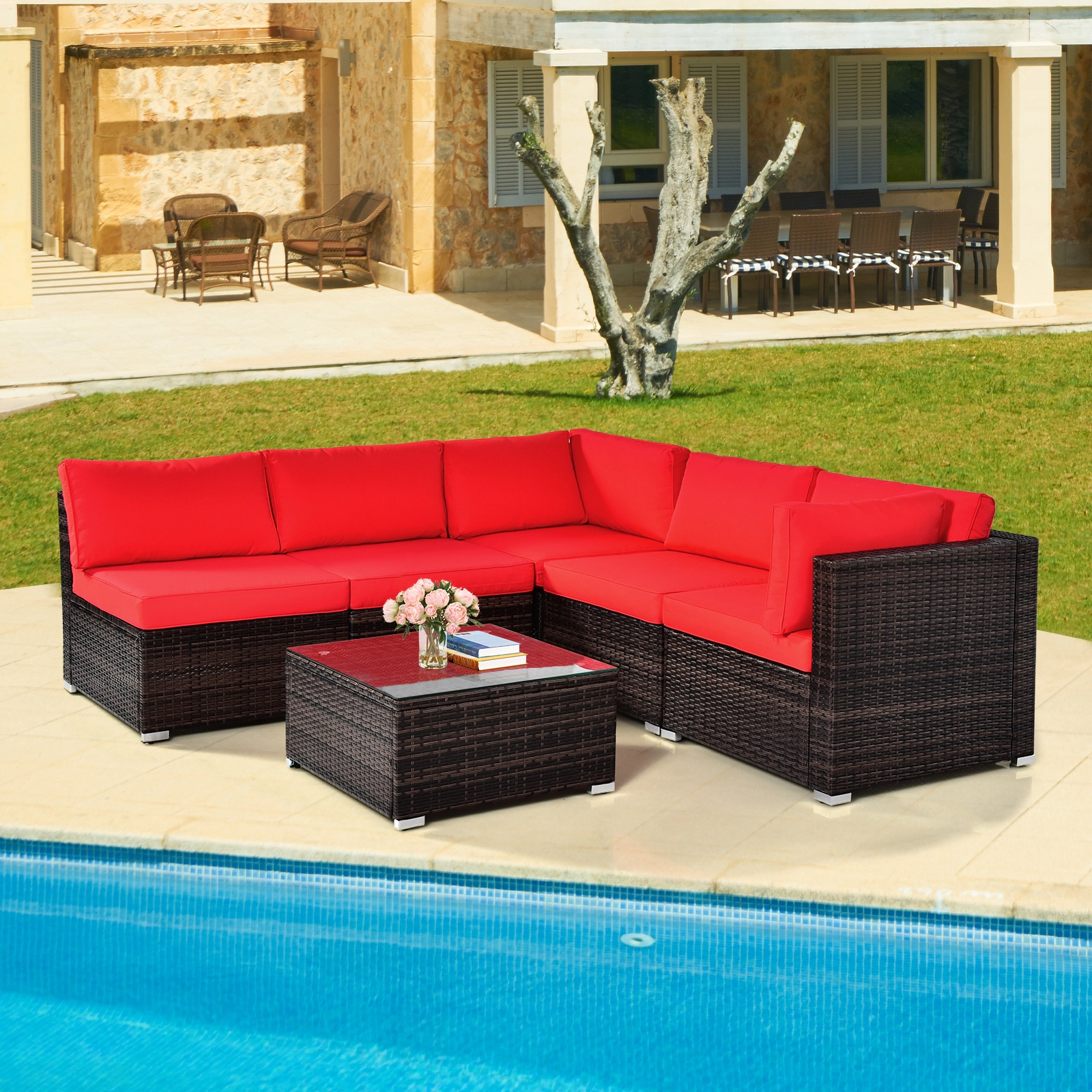 LJG 6 Pieces Patio Rattan Furniture Set with Cushions and Glass Coffee Table