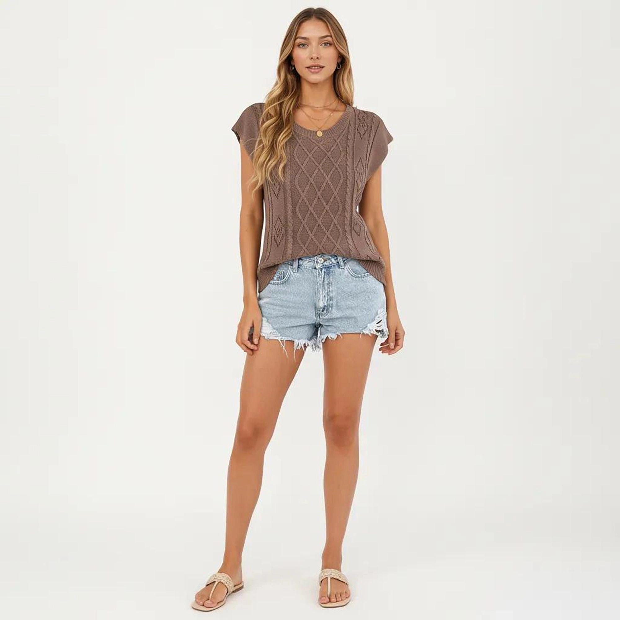 Anna-Kaci Women's Sleeveless Diamond Cable Knit Pullover Sweater Top with Ribbed Trim and Relaxed Fit