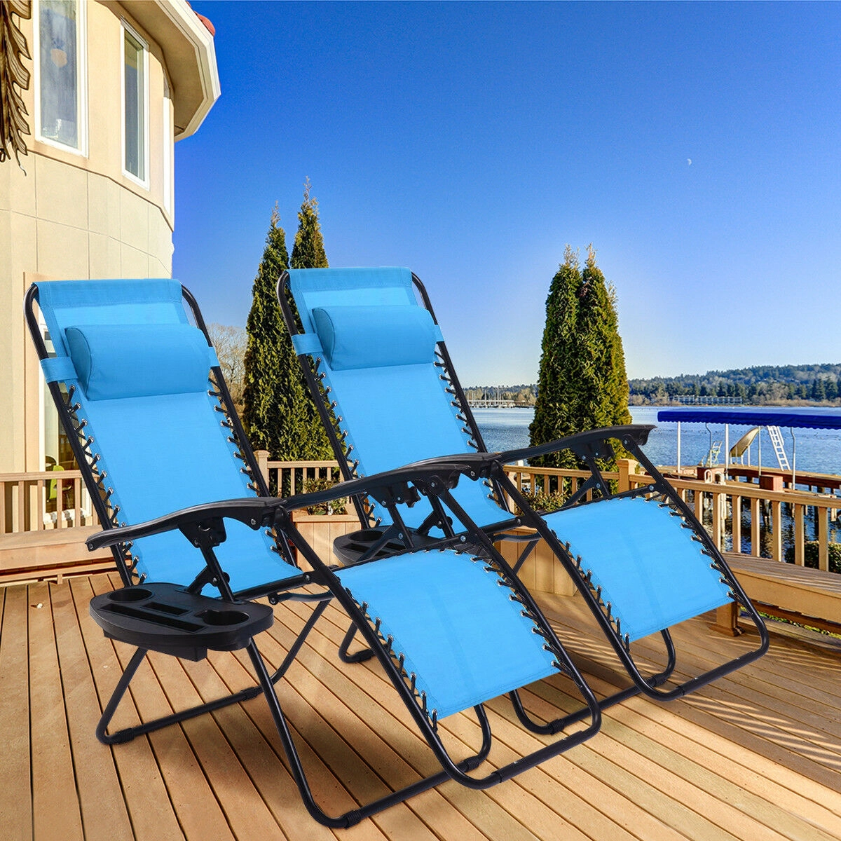 SUGIFT 2-Piece Folding Zero Gravity Lounge Chair Set 310-Lb Capacity Steel Frame 57-in Unfolding Length Light Blue