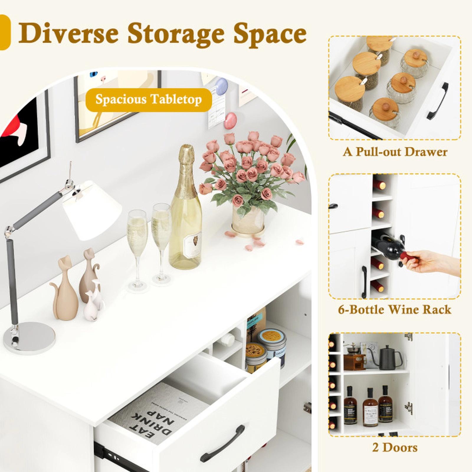 SUGIFT 6-Bottle Rack 2 Door Cabinets Metal Legs Buffet Wine Cabinet 35.5-in x 16-in x 31-in 125-lb Capacity White