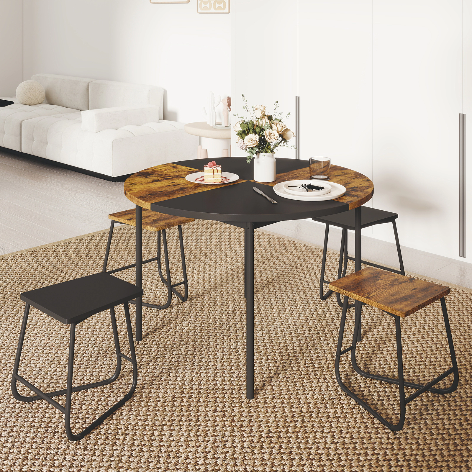 SUGIFT 5-Piece Round Dining Set with 47 x 30-in Table 210-lb Table 330-lb Stools for 4 Black and Brown