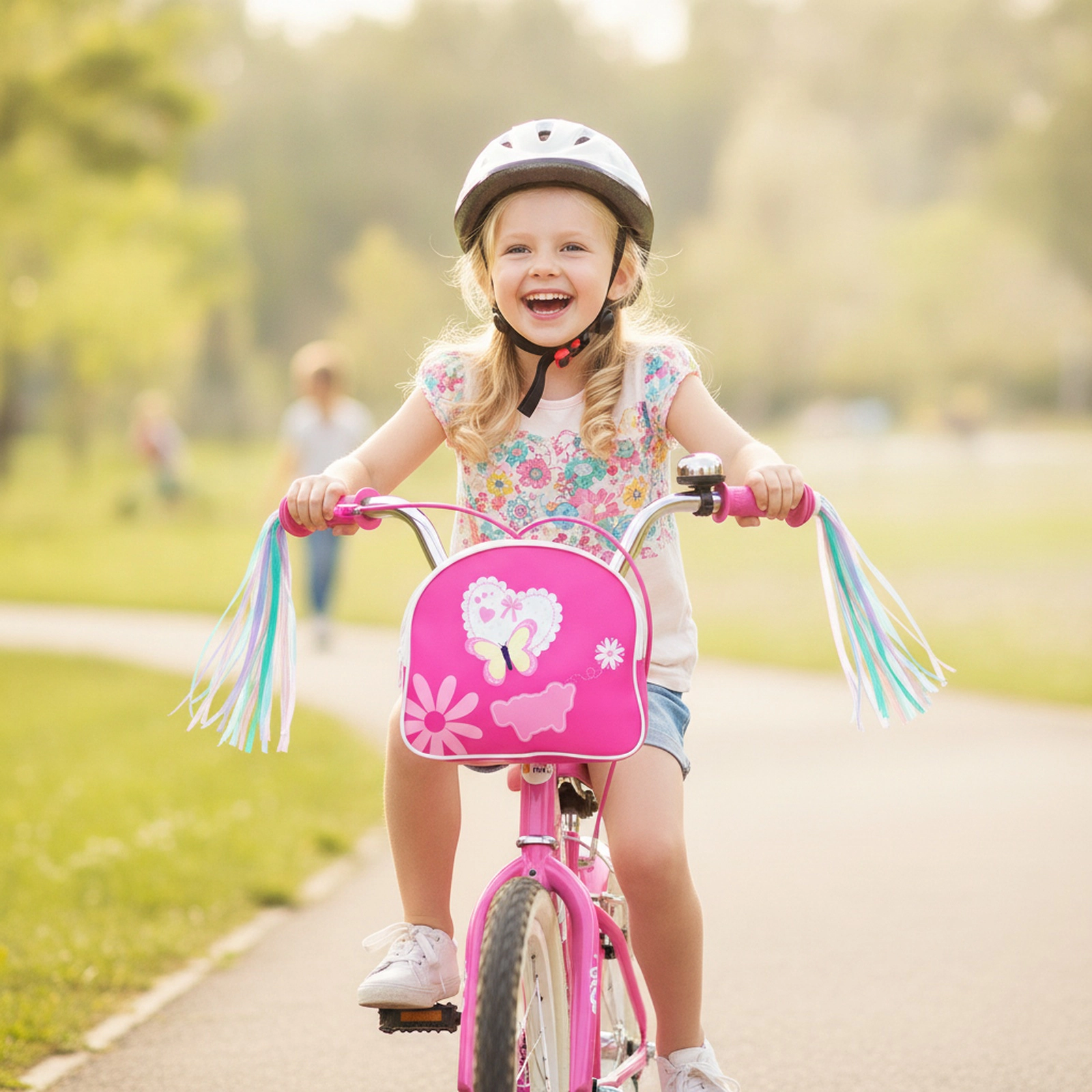 14-in Girls Bike Front Bag Handlebar Ages 3-5 Pink Kids Bicycle Removable Training Wheels Bell 110-lb Seat Capacity