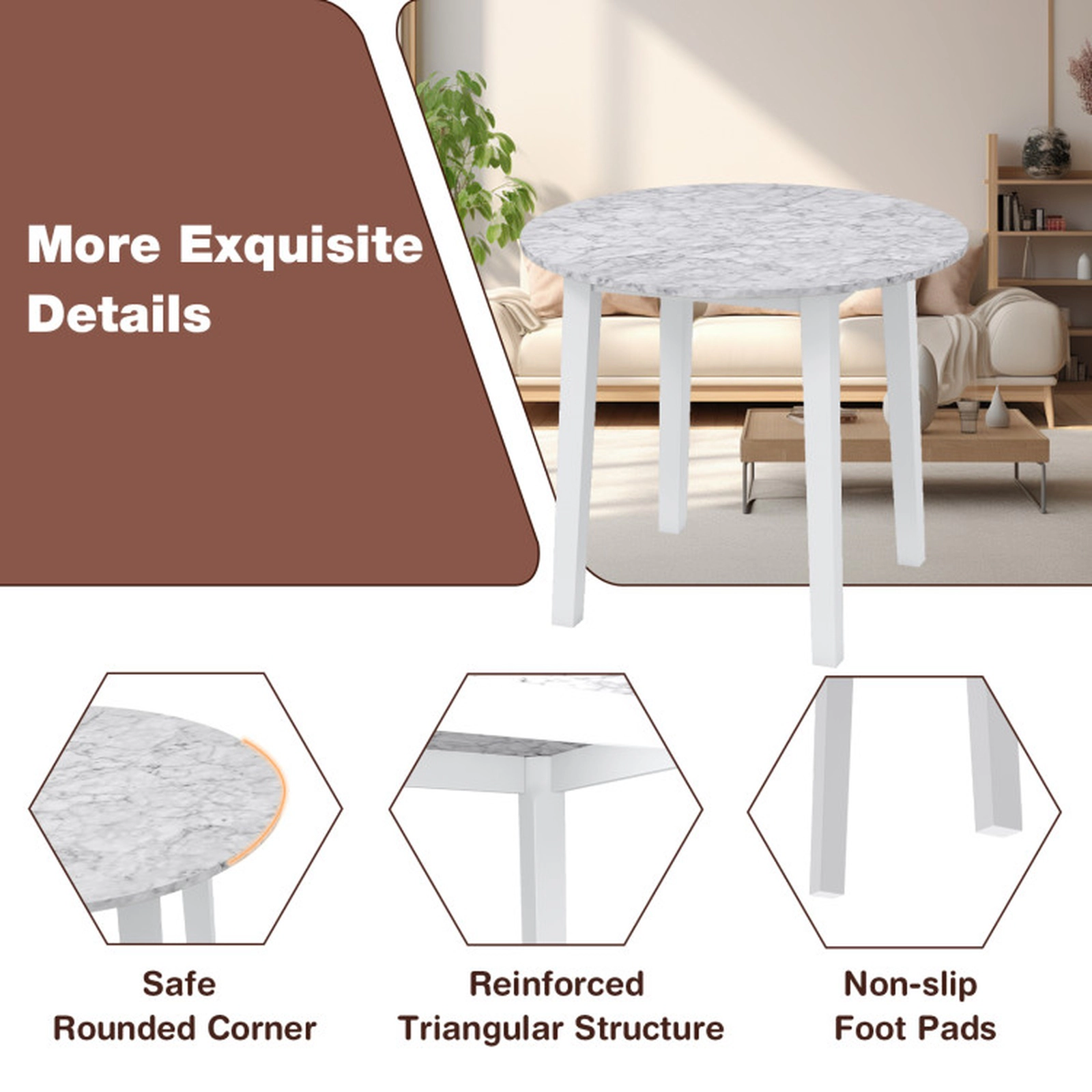 SUGIFT 35-in Round 286-lb Capacity Dining Table with Marble-Textured Veneer Tabletop and Rubber Wood Legs