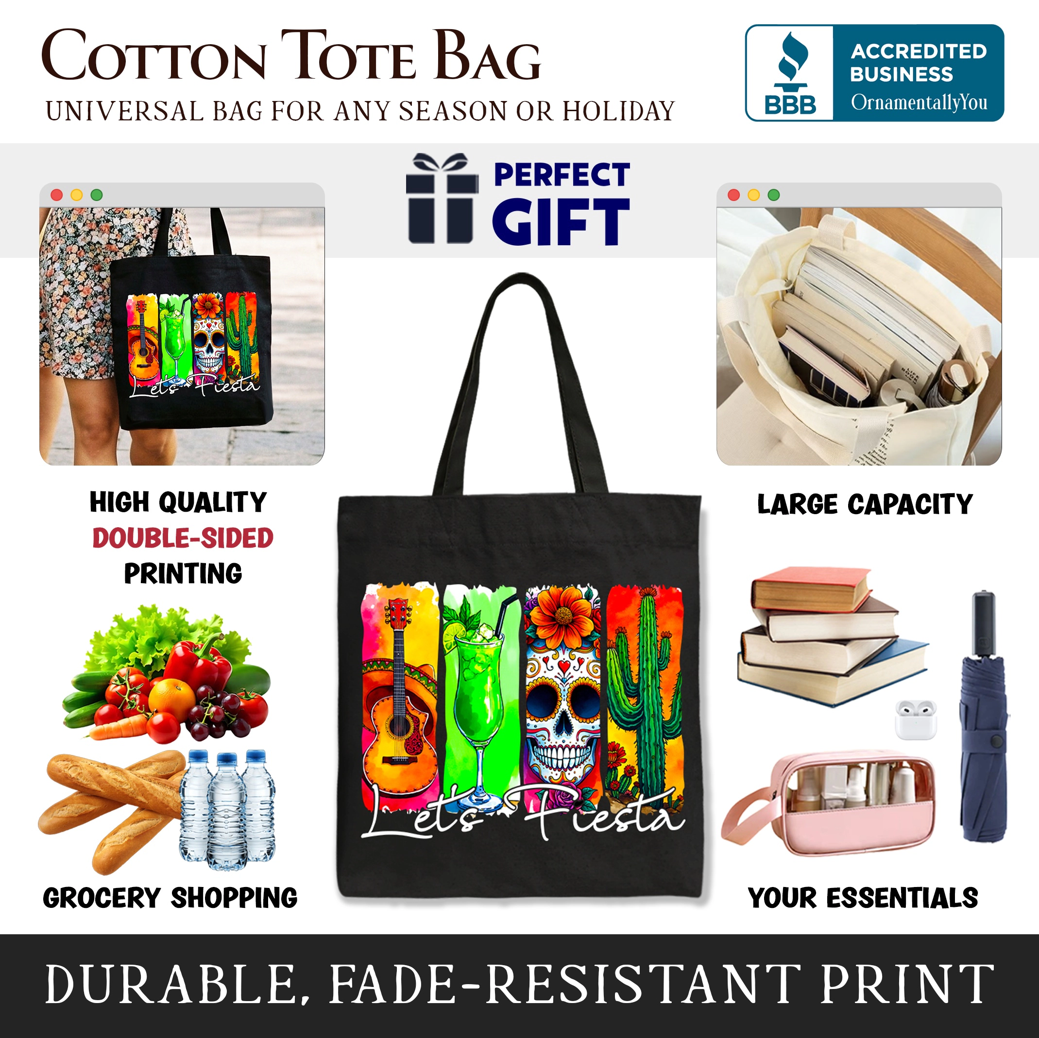 OrnamentallyYou Unisex Cinco De Mayo "Let's Fiesta" Guitar Margarita Skull Cactus Tote Bag