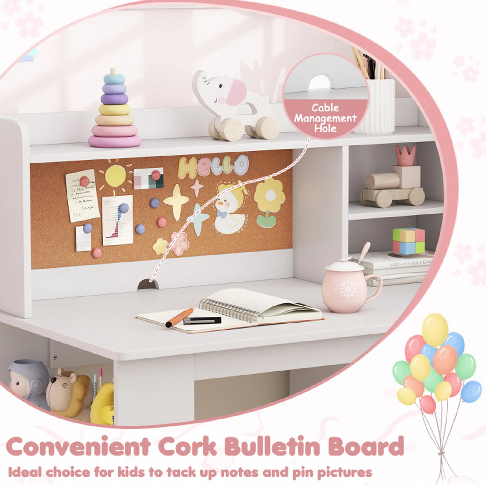 SUGIFT Pink Hutch Drawer and 3-Layer Side Shelf Kids Desk and Chair Set