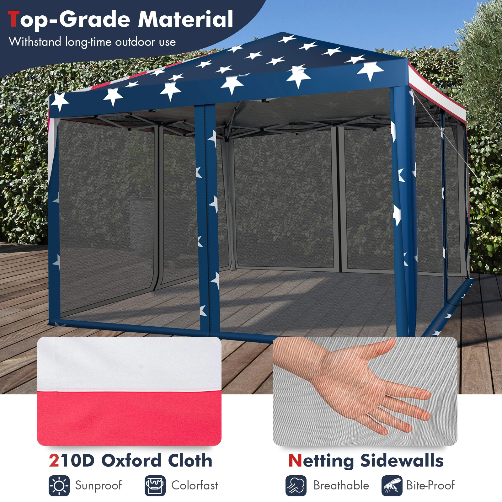 SUGIFT 10 x 10Pop-up Canopy Tent Gazebo with Mesh Netting 31.5-lb Net Weight Beige Coffee White American Flag Gray