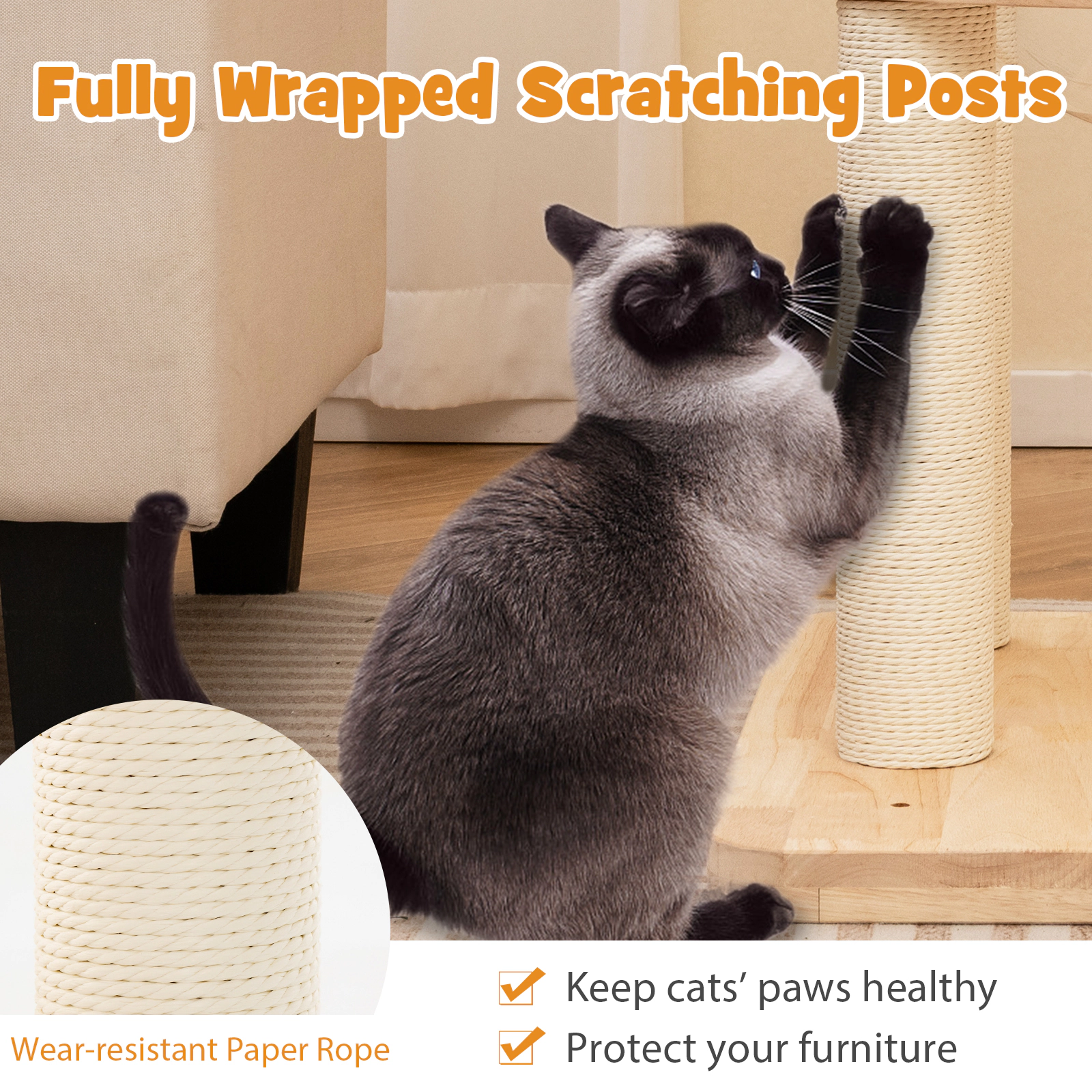 SUGIFT Beige 4-in-1 Large Wooden Cat Tower with Space Capsule Nest and Paper Rope Posts