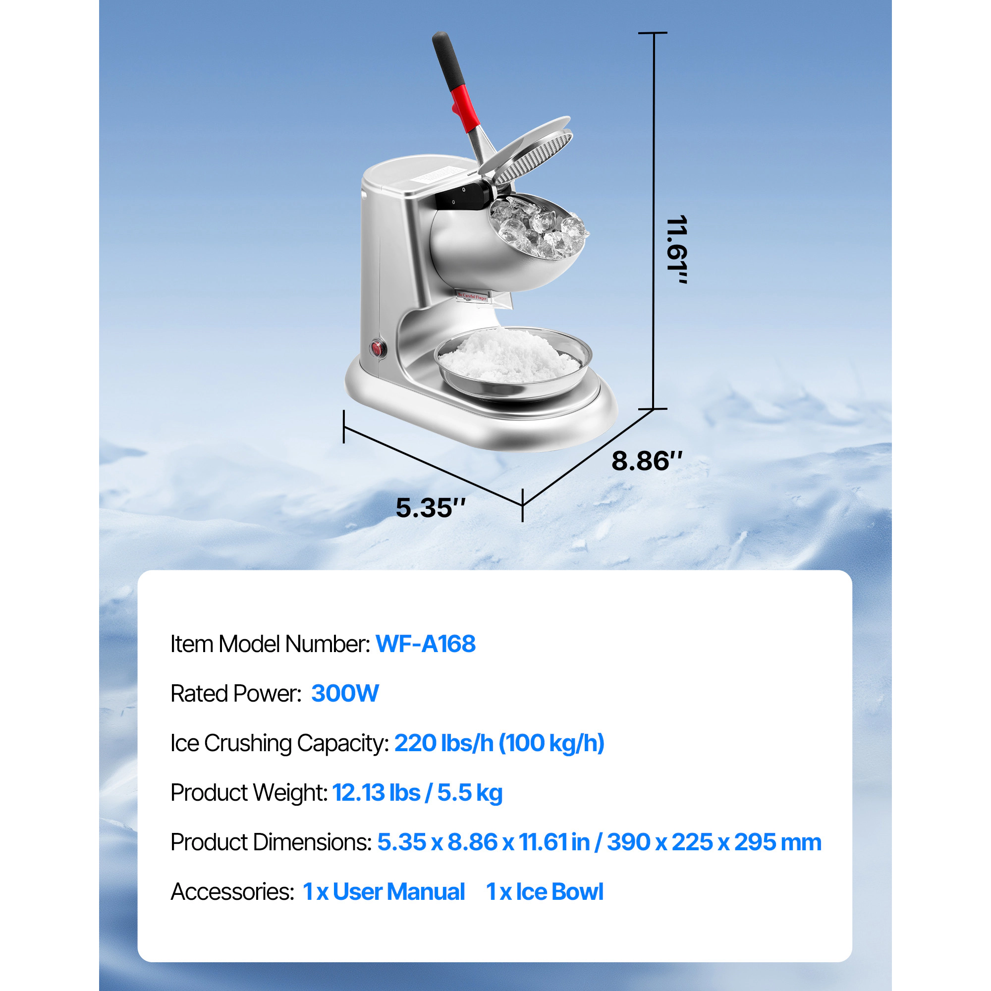 HONGGE Ice Crusher Machine Per Hour Electric 4 Blades Snow Cone Maker Stainless Steel Shaved Ice Machine with Bowl and