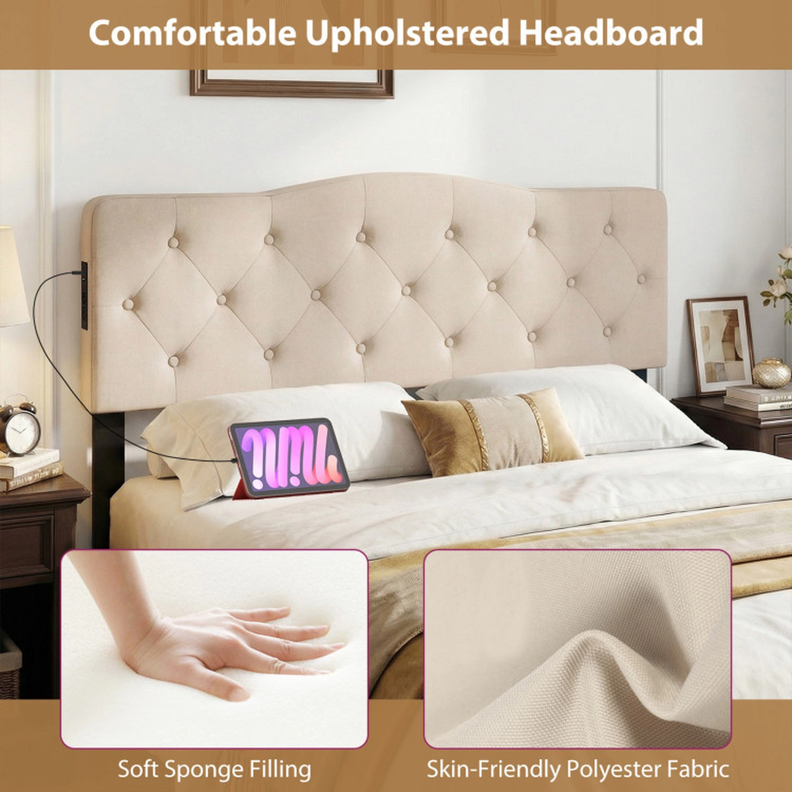 SUGIFT Tufted Upholstered Headboard for Queen and Full Size Bed with 2 AC Outlets Beige