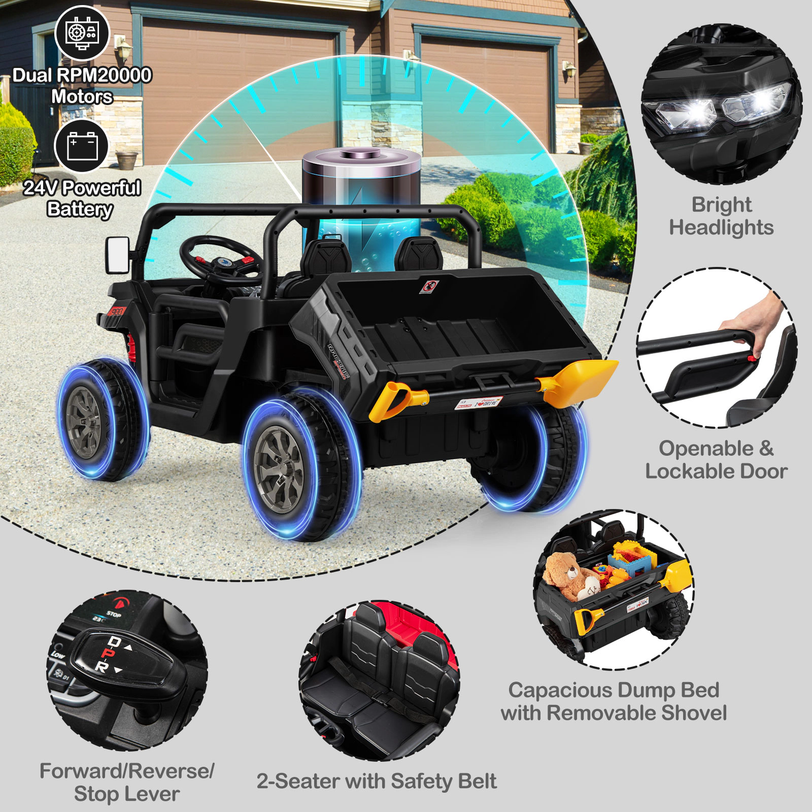 Costway 24V Ride on Dump Truck Electric 2-Seater Kids UTV w/Dump Bed & Bight Lights and Remote Control Red