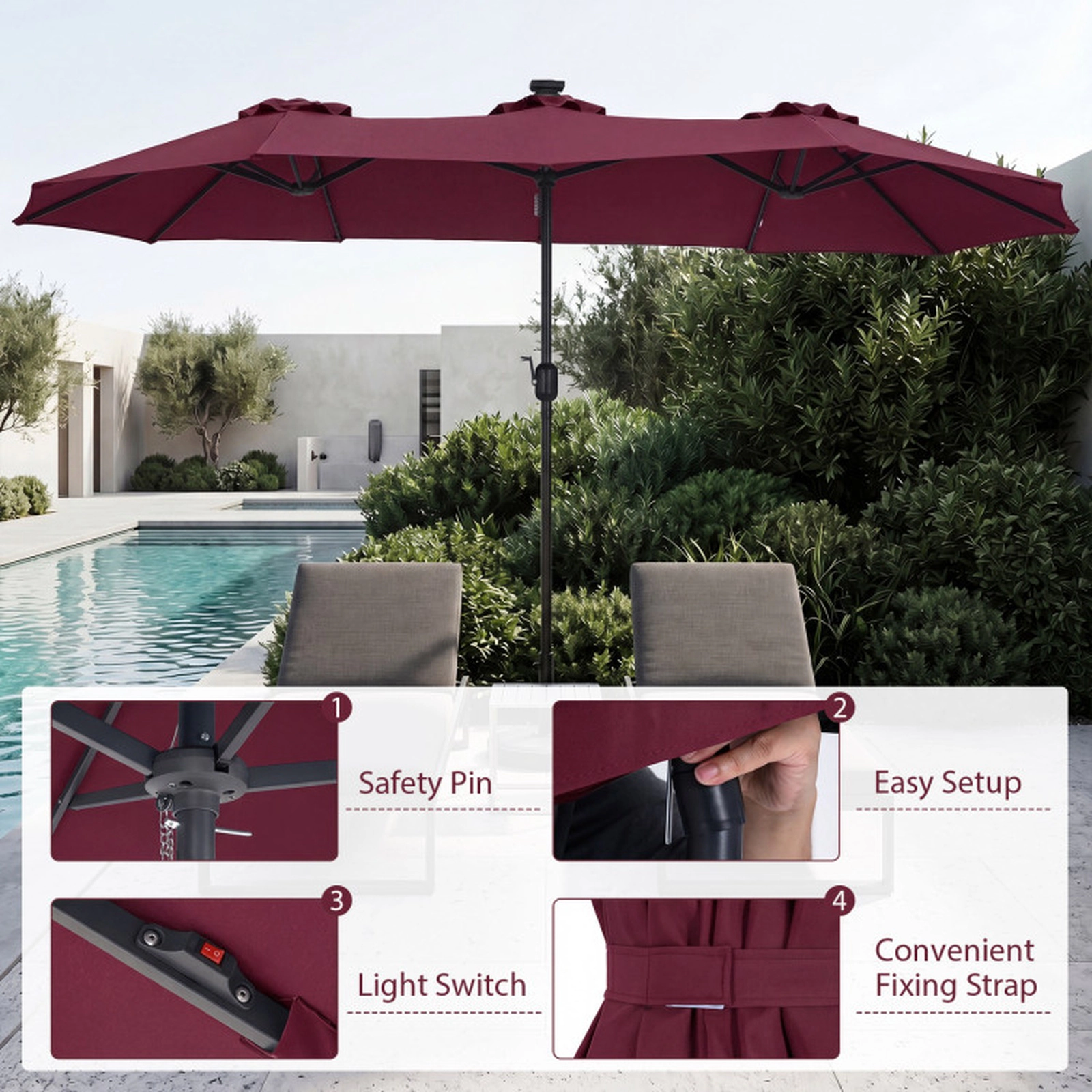 SUGIFT 13-ft Wine Double-Sided Rectangle Market Patio Umbrella with 36 Solar LED Lights and 12 Ribs