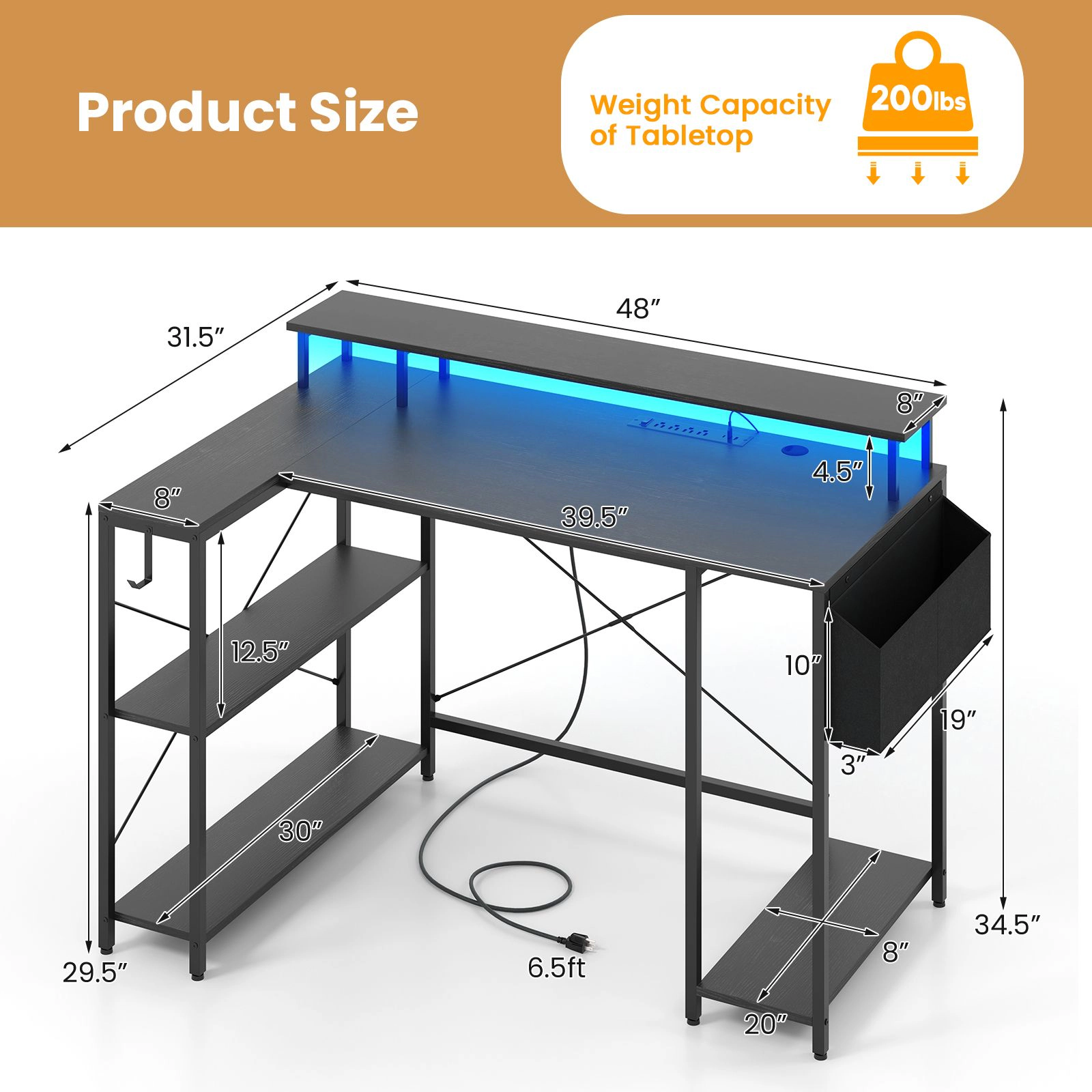 SlickBlue L Shaped Gaming Desk with LED Lights Charging Station Storage