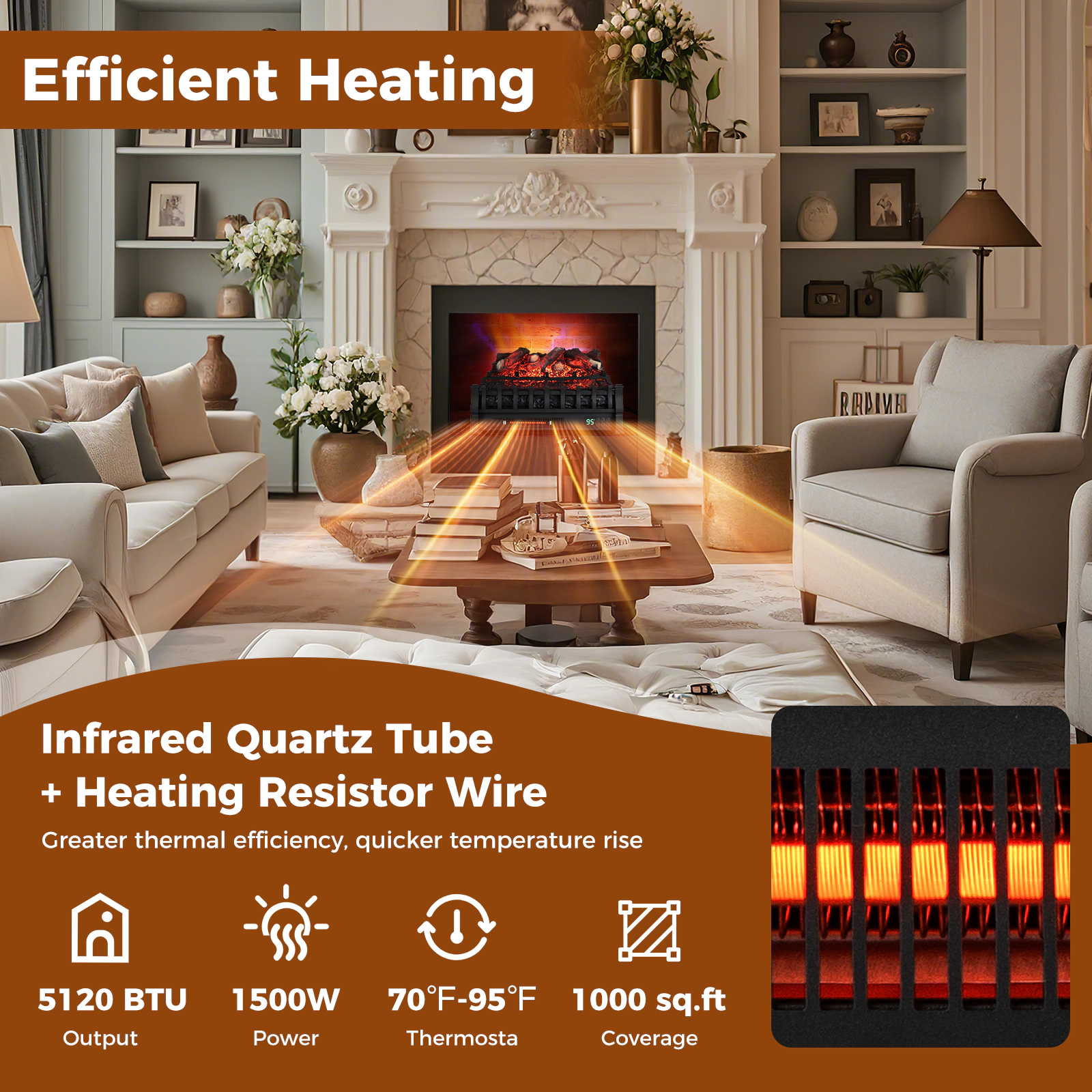 LJG Infrared Quartz Electric Fireplace with Adjustable 3D Flame Colors and Overheat Protection