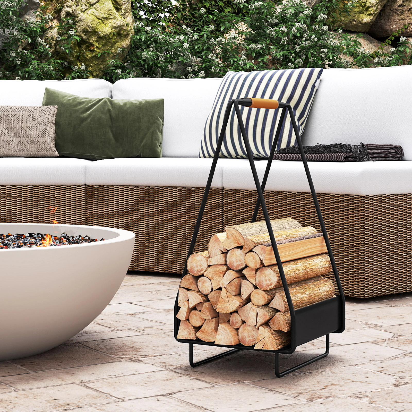 SUGIFT Metal Firewood Storage Rack with Triangle Frame 55-lb Capacity 24-in Tall Log Holder with Leather Handle