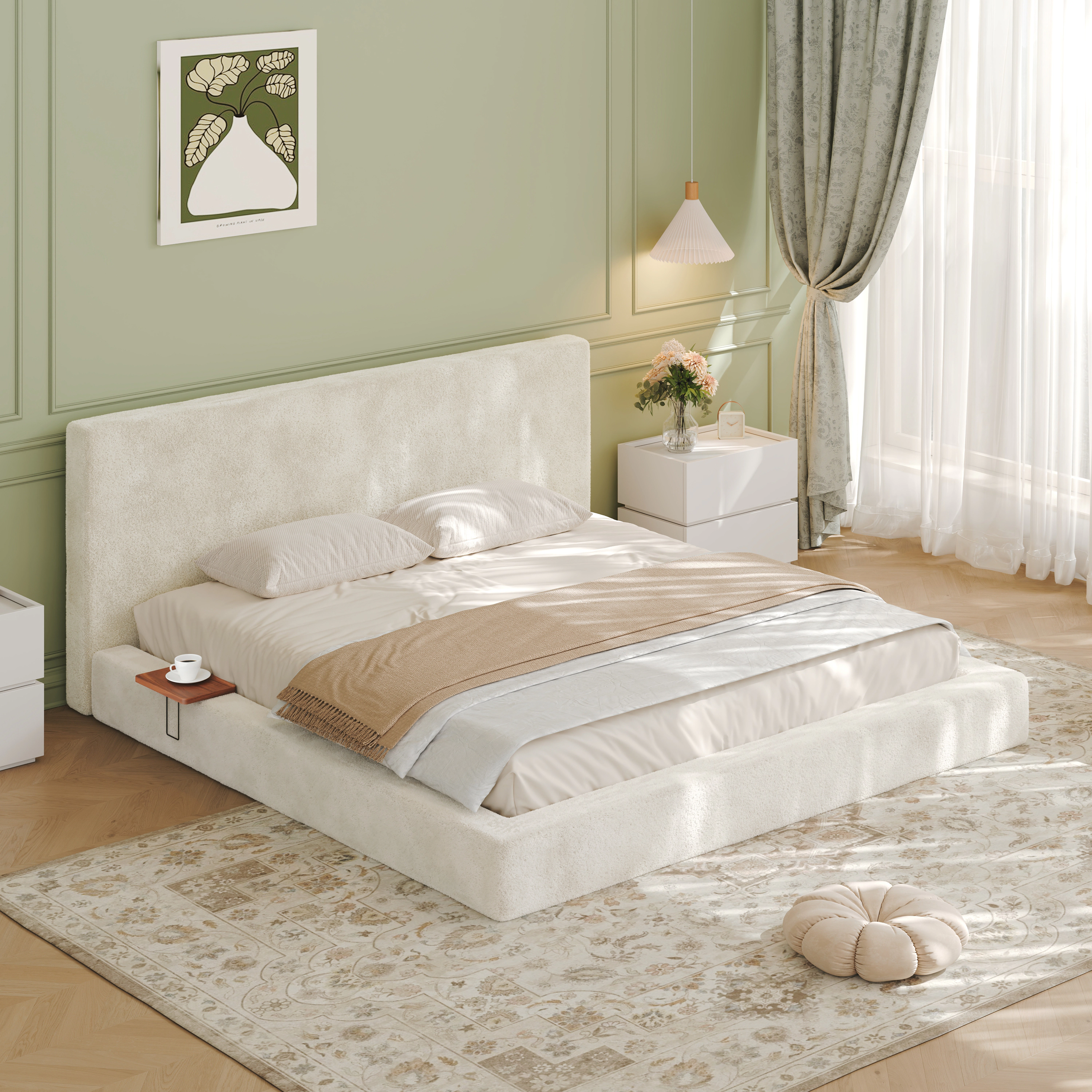 Flynama King AirFrame Bed with Sliding Side Table, 8.7" Cloud Cushion, Off-White