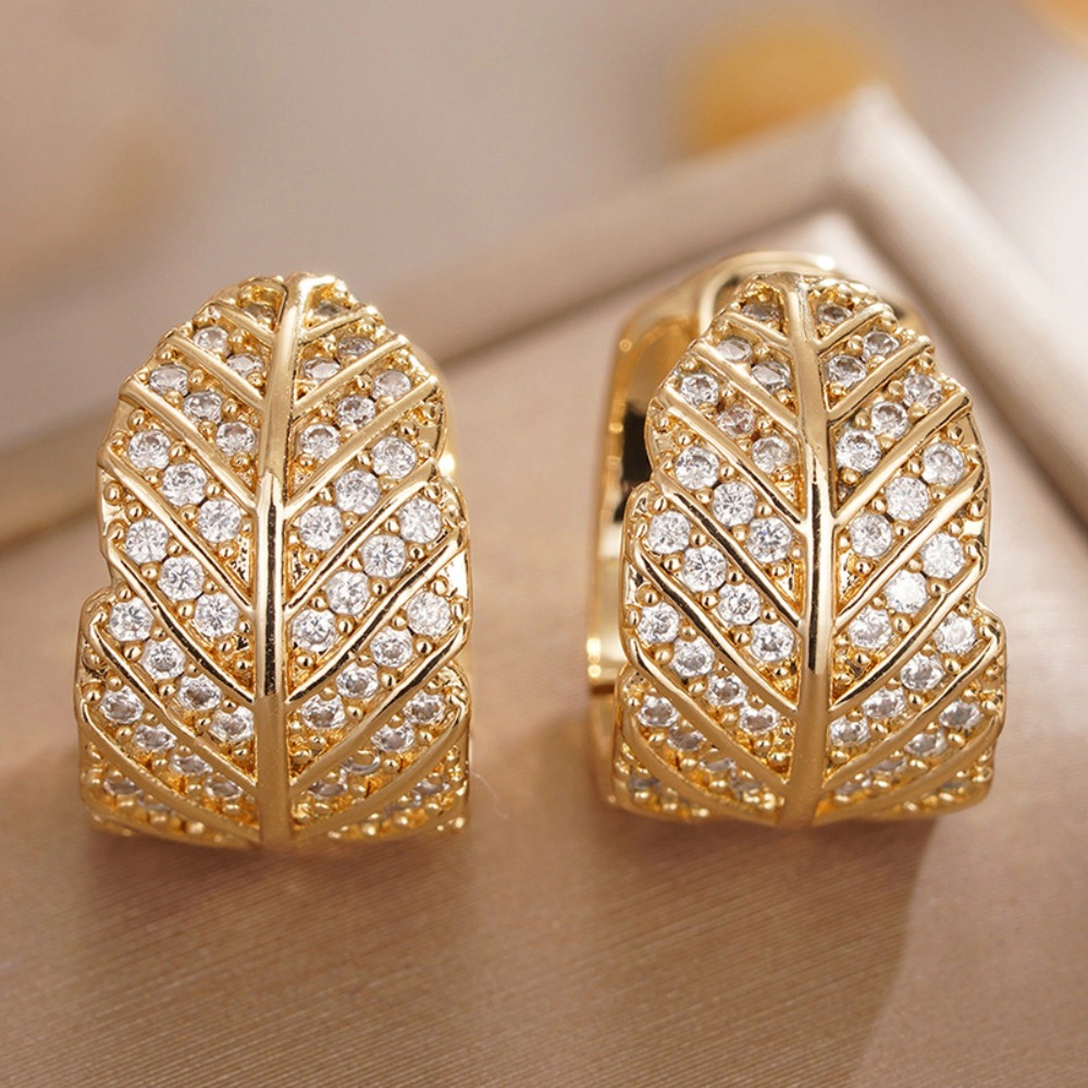 Wardrobe Whimsy Full Paved Leaf Hoop Earrings Cubic Zirconia Gold Tone Earrings for Women