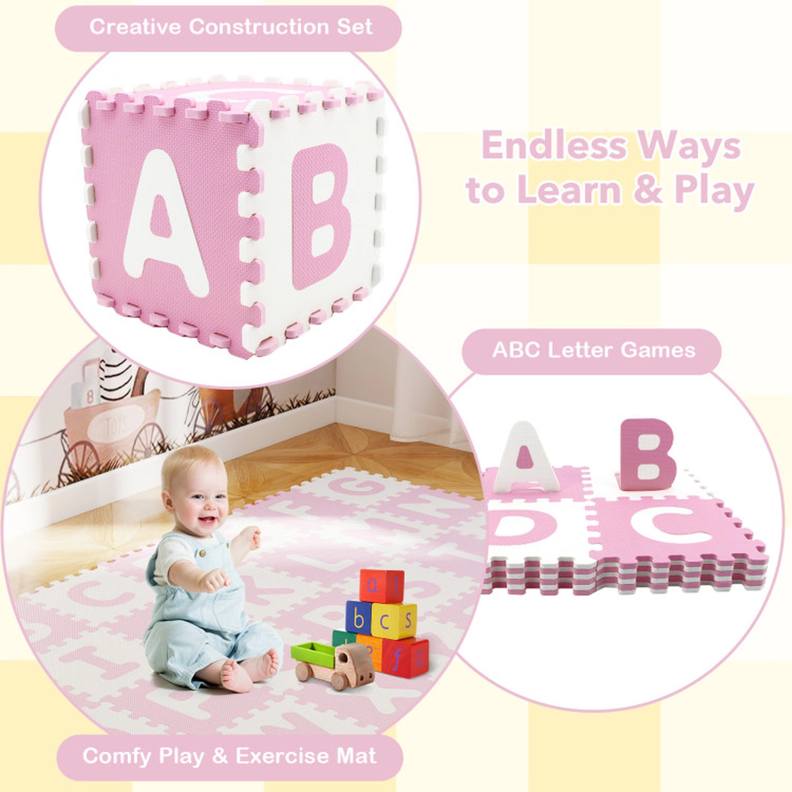 SUGIFT Kids Pink 26-Piece Interlocking Alphabet Foam Play Mat with Detachable Letters 12.5-in W 12.5-in D 0.4-in H