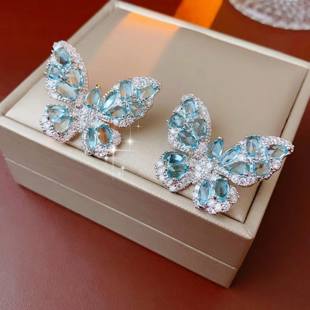 Aqua Blue Cubic Zirconia Butterfly Stud Earring for Women